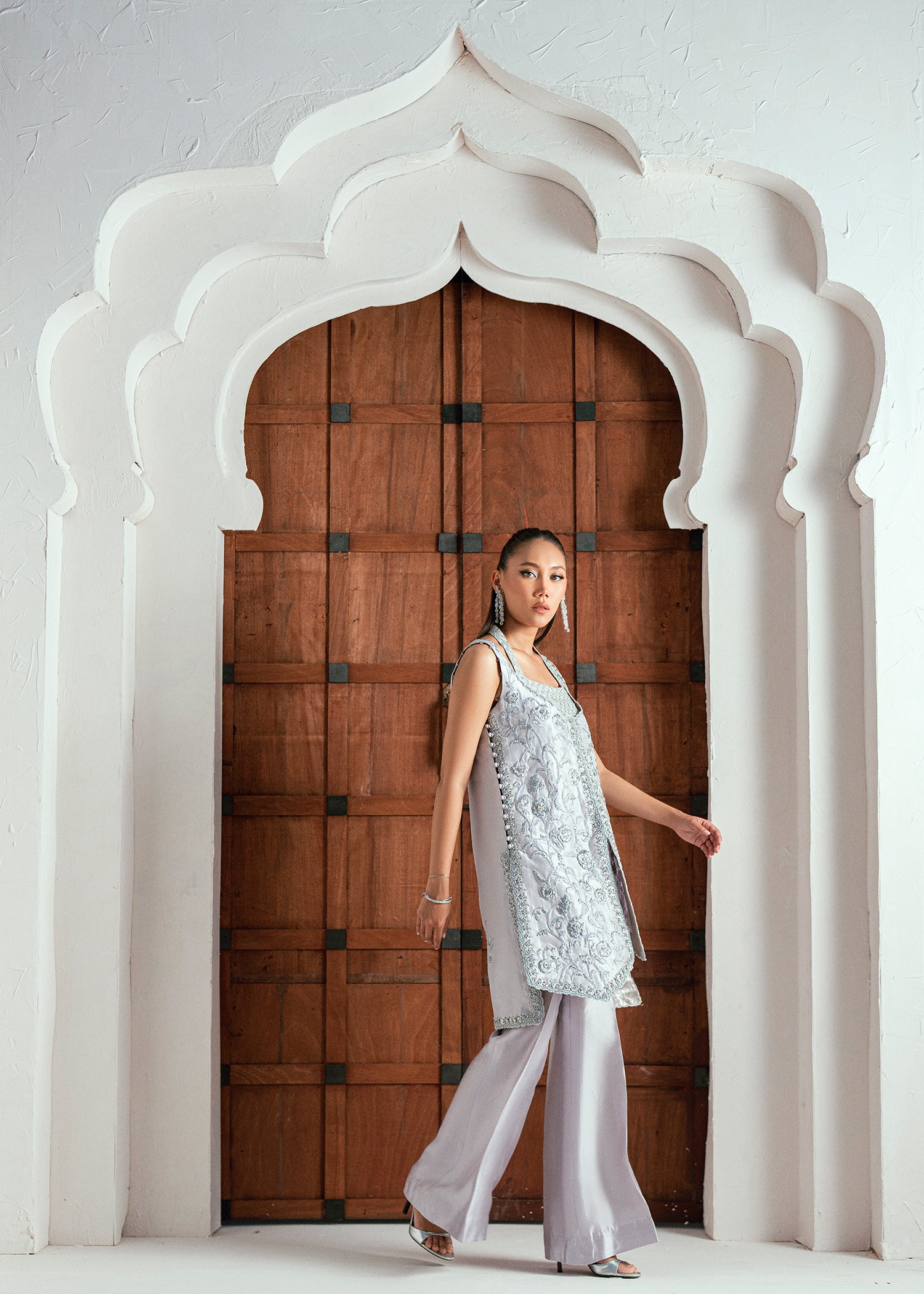 Pakistani Ice Silver Embellished Raw Silk Jacket Set (2-Piece) - Image 5