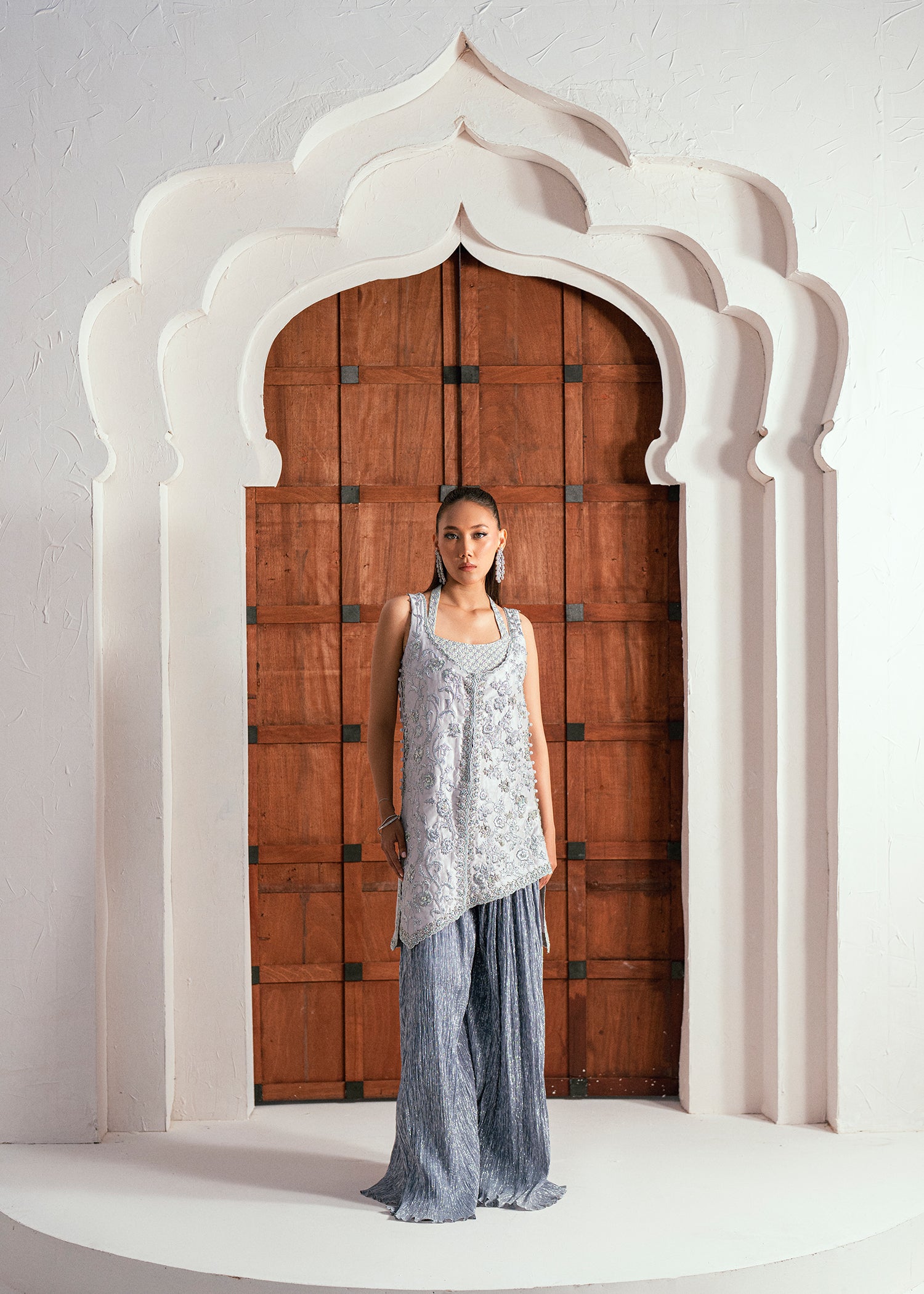 Pakistani Ice Silver Embellished Raw Silk Jacket Set (2-Piece) - Image 6