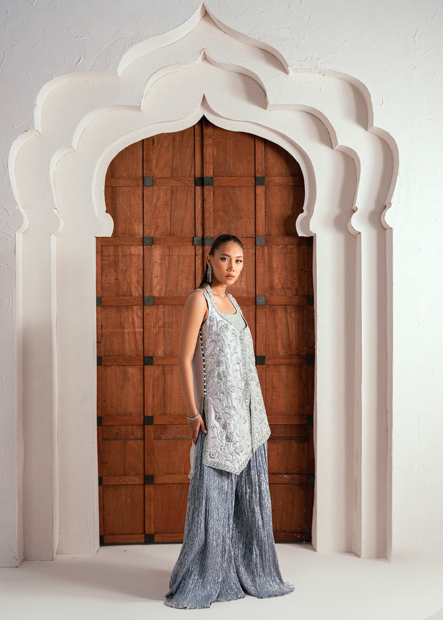 Pakistani Ice Silver Embellished Raw Silk Jacket Set (2-Piece) - Image 7