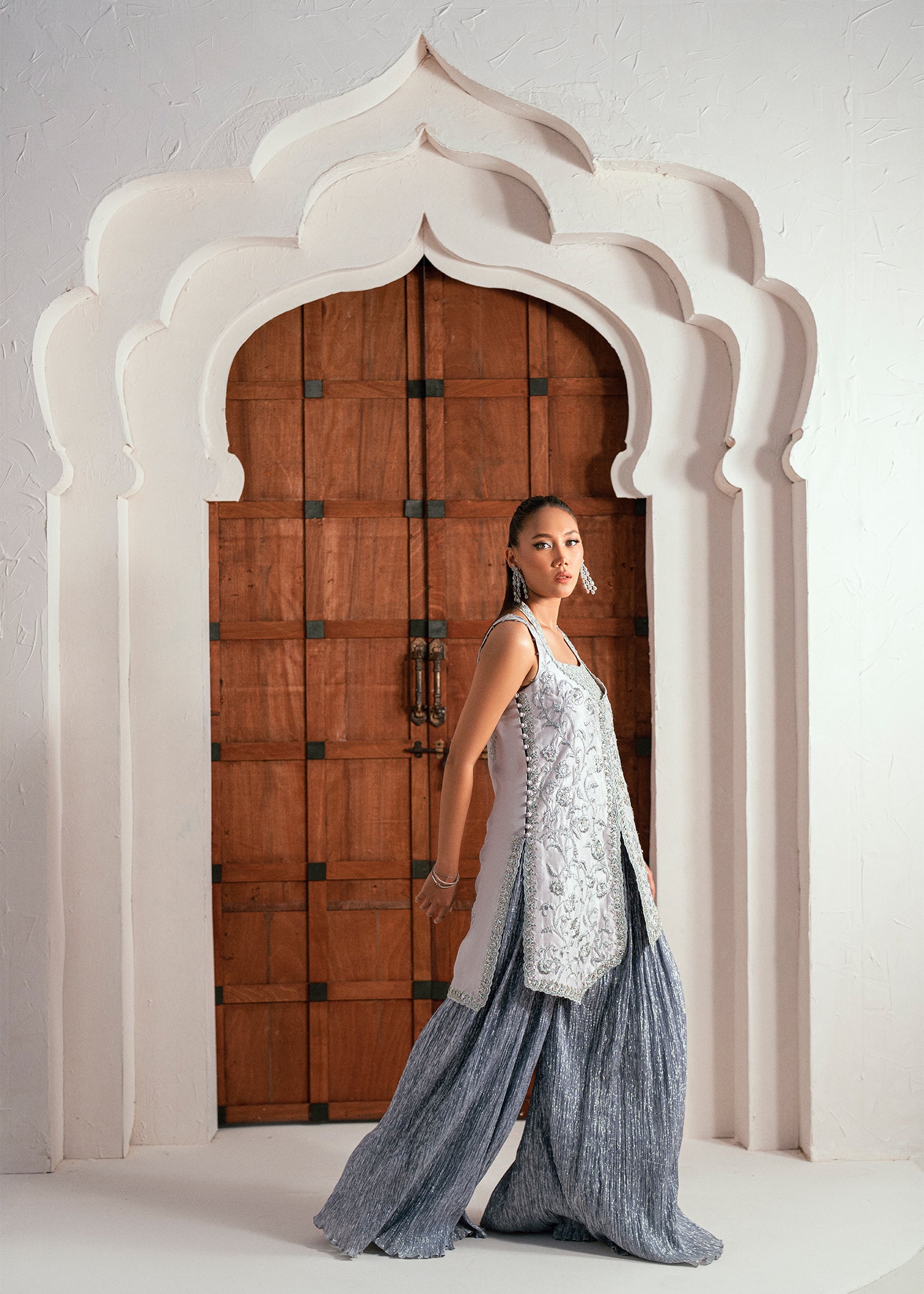 Pakistani Ice Silver Embellished Raw Silk Jacket Set (2-Piece) - Image 8