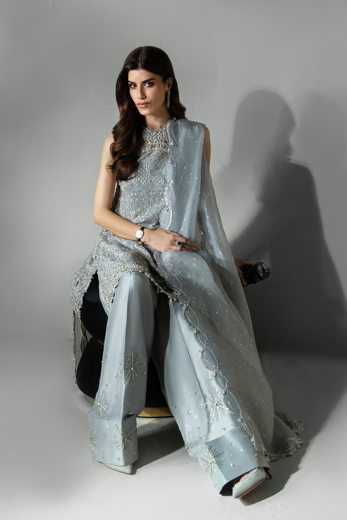 Pakistani Silvery-Grey Embellished Raw Silk Salwar Kameez (3-Piece) - Image 3