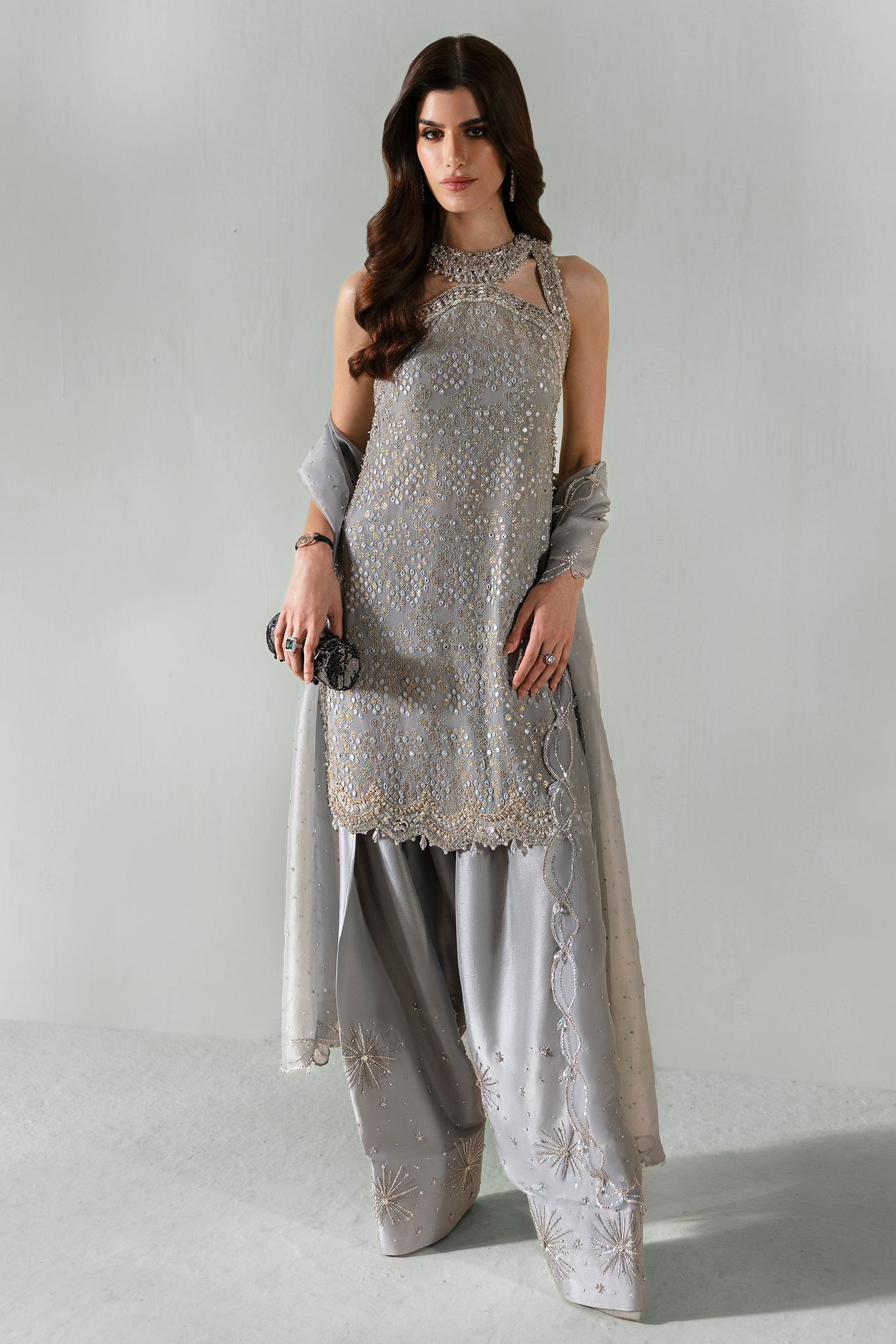 Pakistani Silvery-Grey Embellished Raw Silk Salwar Kameez (3-Piece) - Image 6