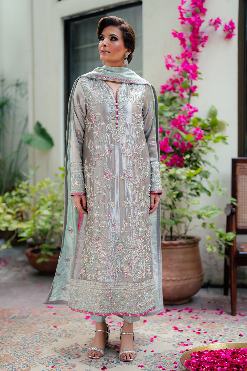 Silver Zari Embroidered Satin Salwar Kameez (3-Piece) - Image 1