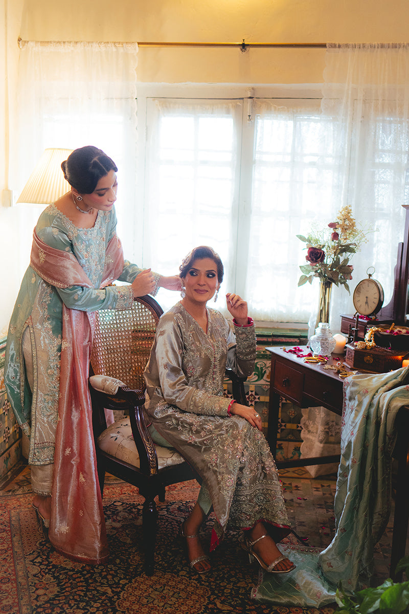 Silver Zari Embroidered Satin Salwar Kameez (3-Piece) - Image 10