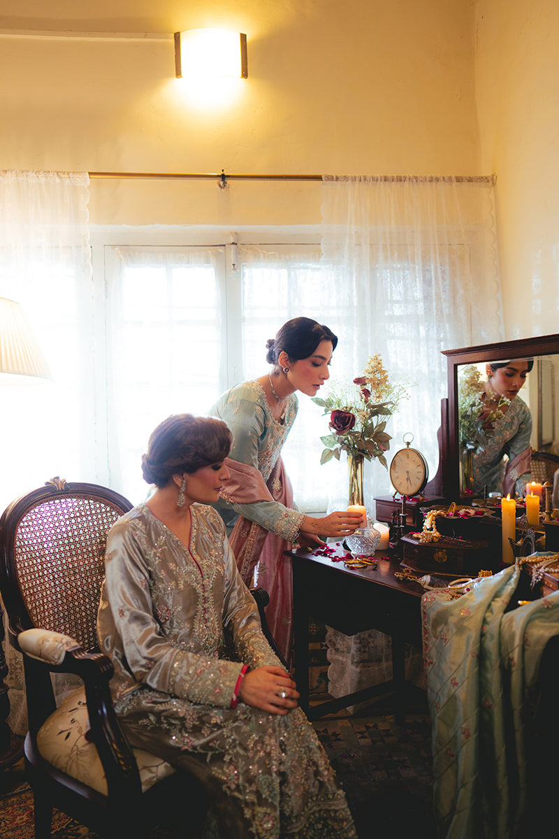 Silver Zari Embroidered Satin Salwar Kameez (3-Piece) - Image 11