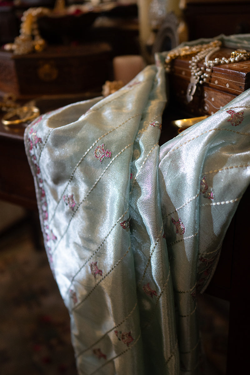 Silver Zari Embroidered Satin Salwar Kameez (3-Piece) - Image 12