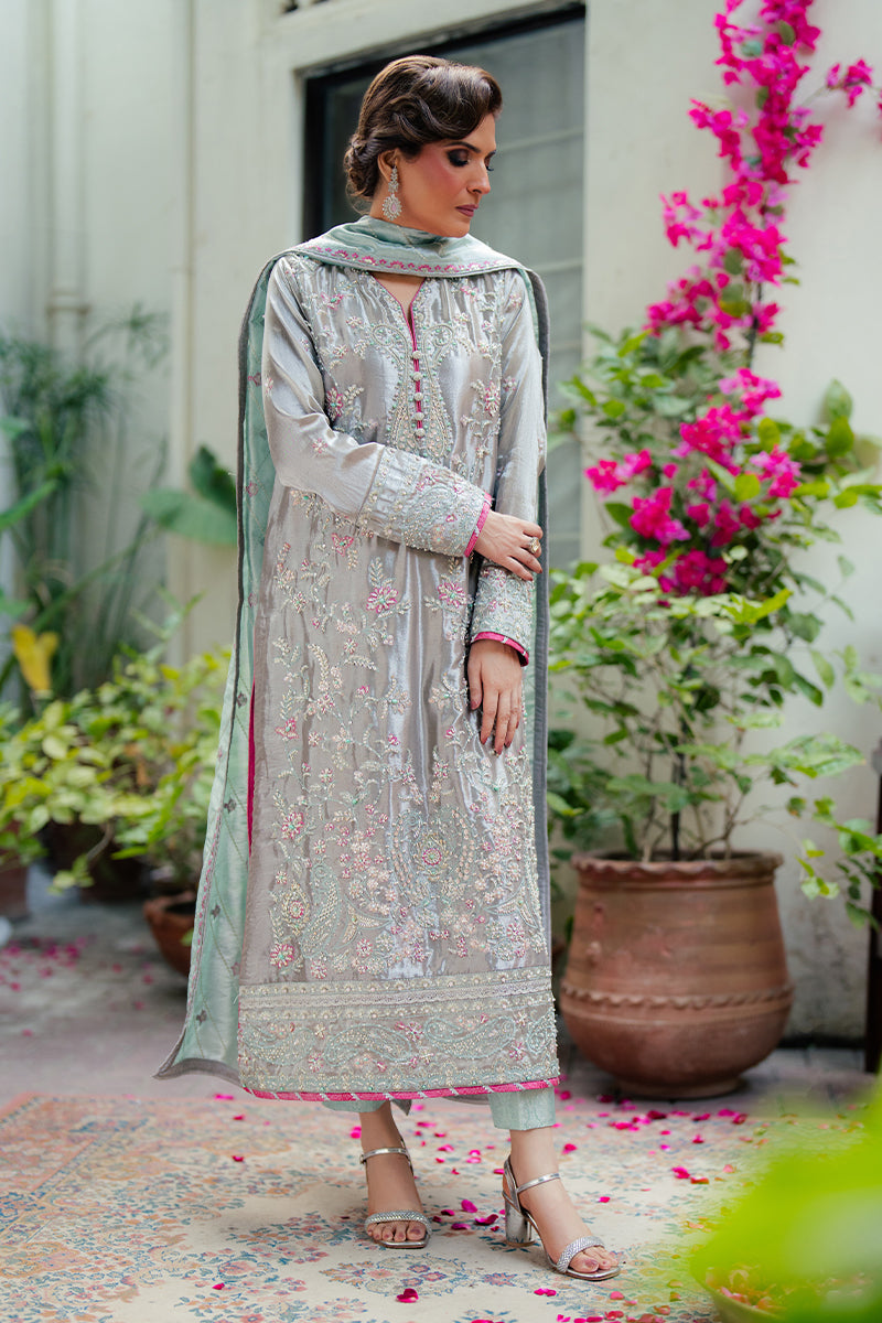 Silver Zari Embroidered Satin Salwar Kameez (3-Piece) - Image 3