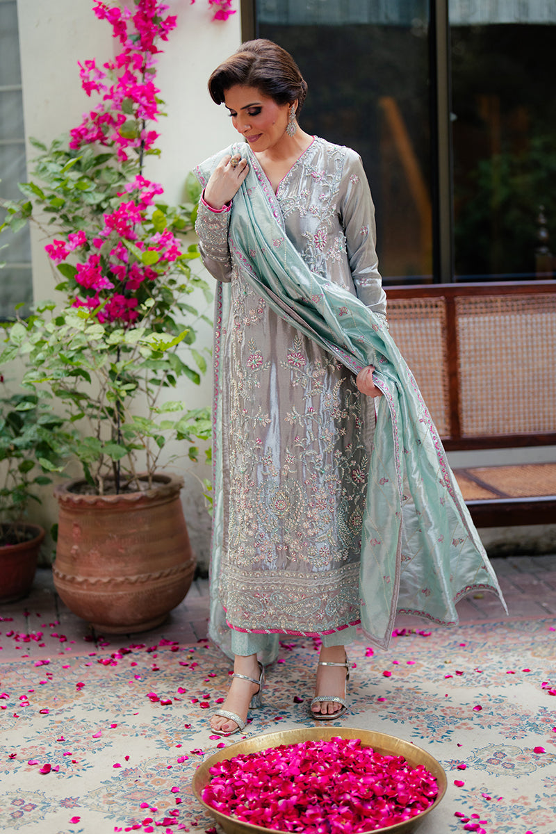 Silver Zari Embroidered Satin Salwar Kameez (3-Piece) - Image 4