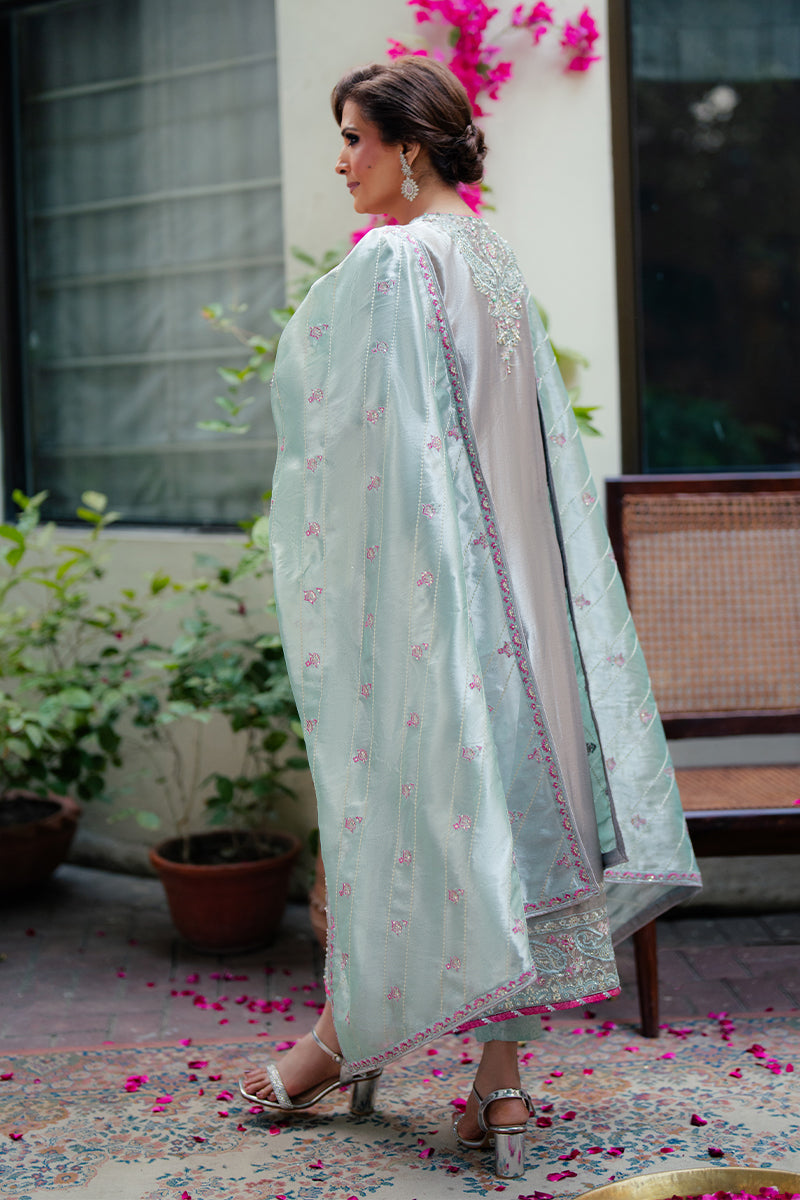 Silver Zari Embroidered Satin Salwar Kameez (3-Piece) - Image 5