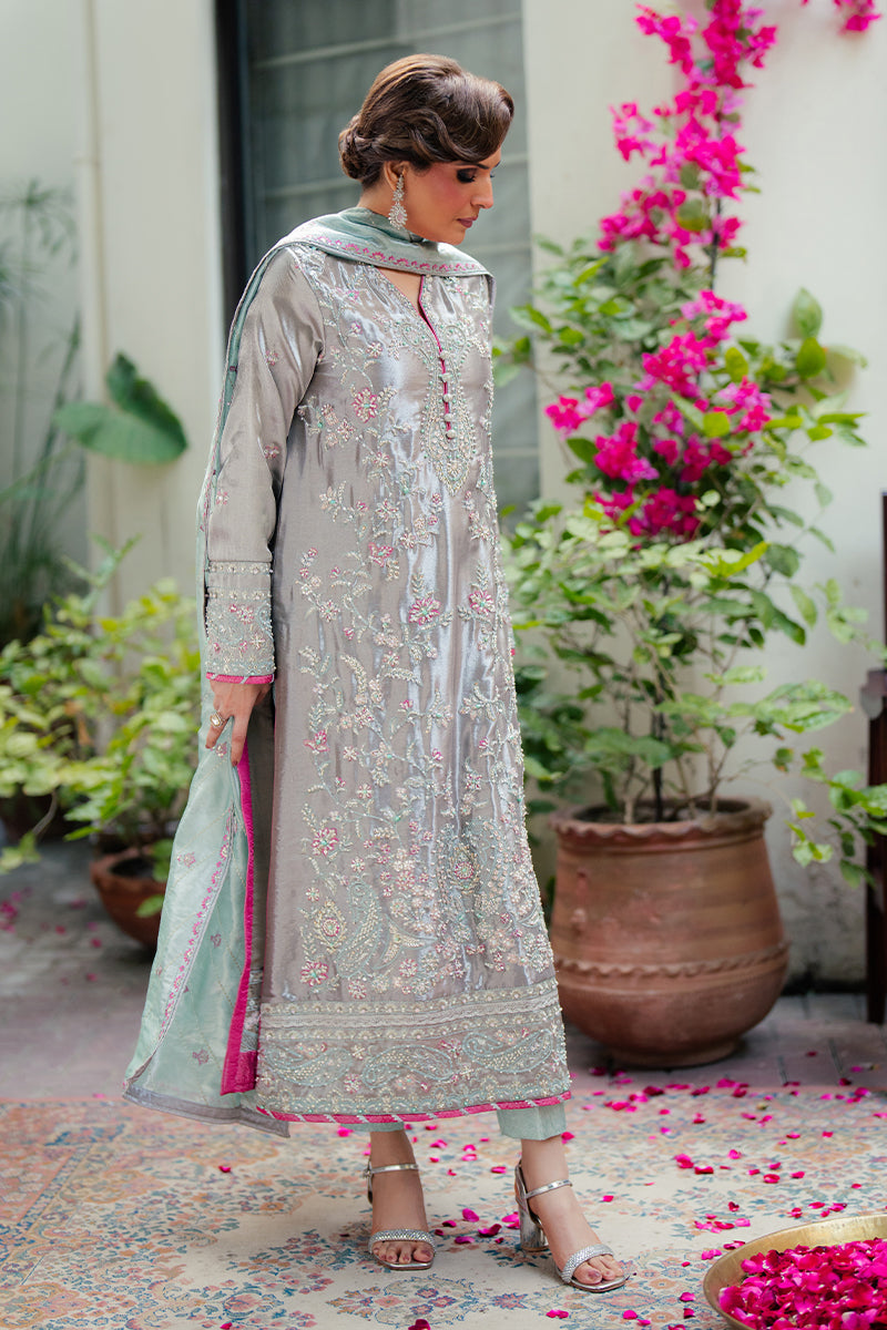 Silver Zari Embroidered Satin Salwar Kameez (3-Piece) - Image 6