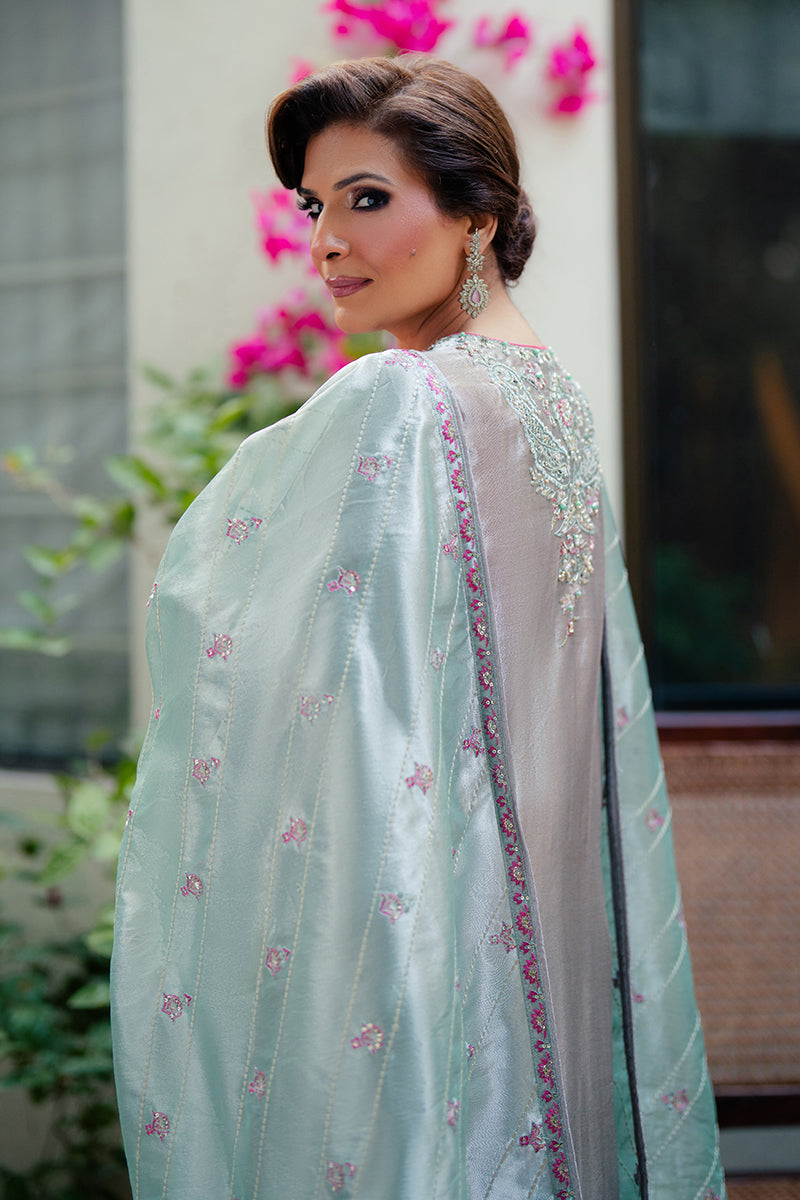 Silver Zari Embroidered Satin Salwar Kameez (3-Piece) - Image 7