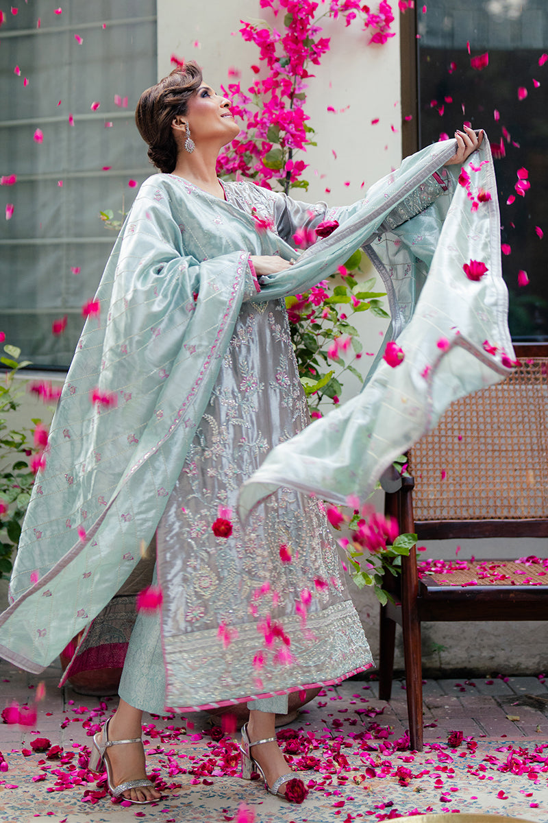 Silver Zari Embroidered Satin Salwar Kameez (3-Piece) - Image 8