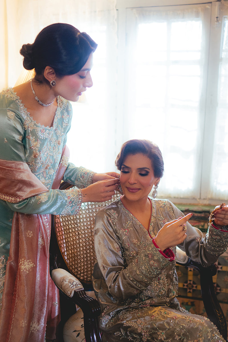 Silver Zari Embroidered Satin Salwar Kameez (3-Piece) - Image 9