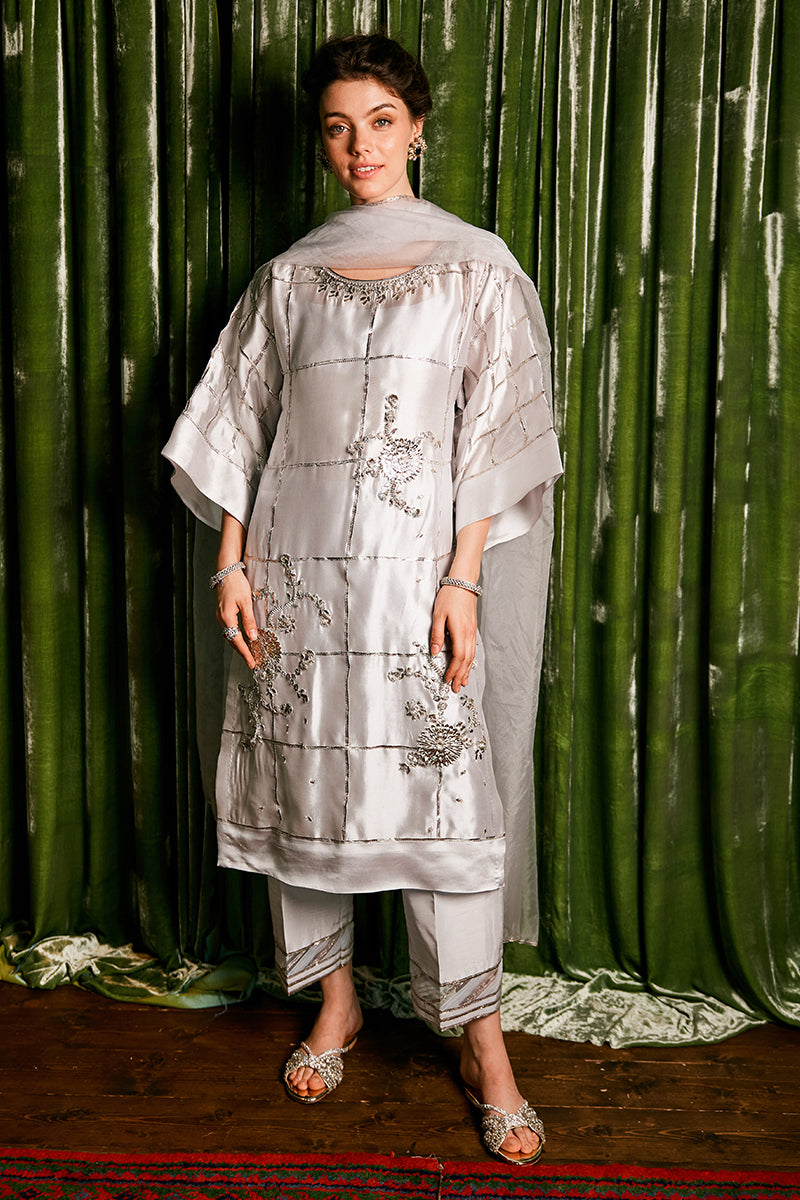 Pakistani Silver Grey Embellished Sheesha Silk Kurta Set (3-Piece) - Image 1