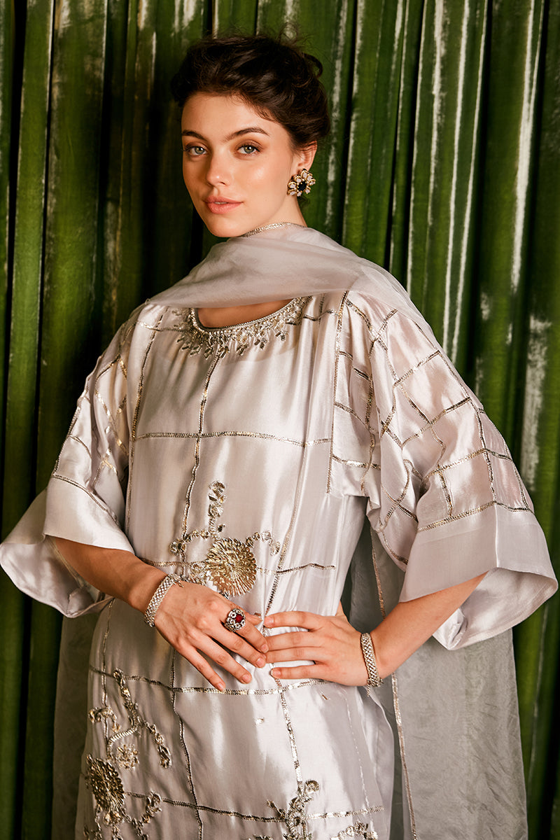 Pakistani Silver Grey Embellished Sheesha Silk Kurta Set (3-Piece) - Image 5