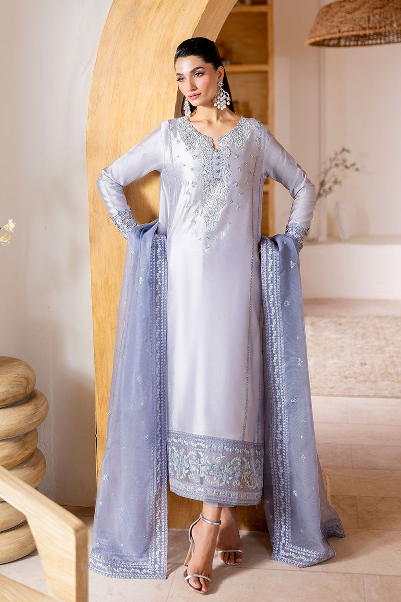 Silver Embroidered Sheesha Silk Long Shirt (3-Piece) - Image 1