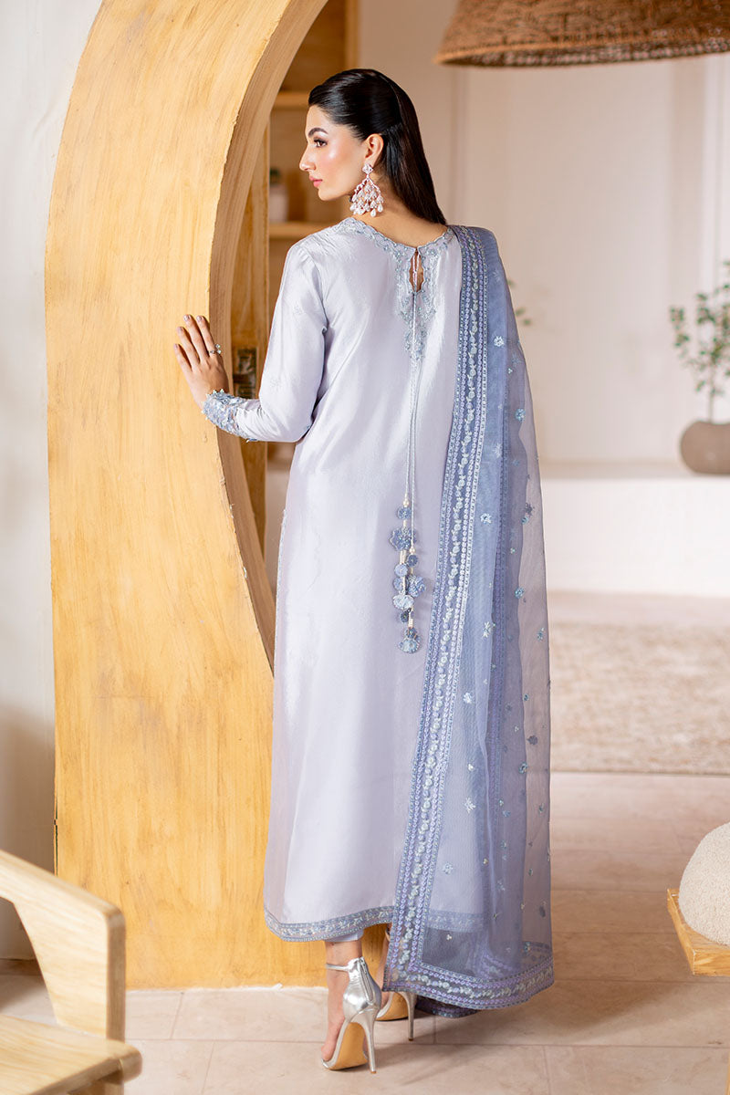 Silver Embroidered Sheesha Silk Long Shirt (3-Piece) - Image 6