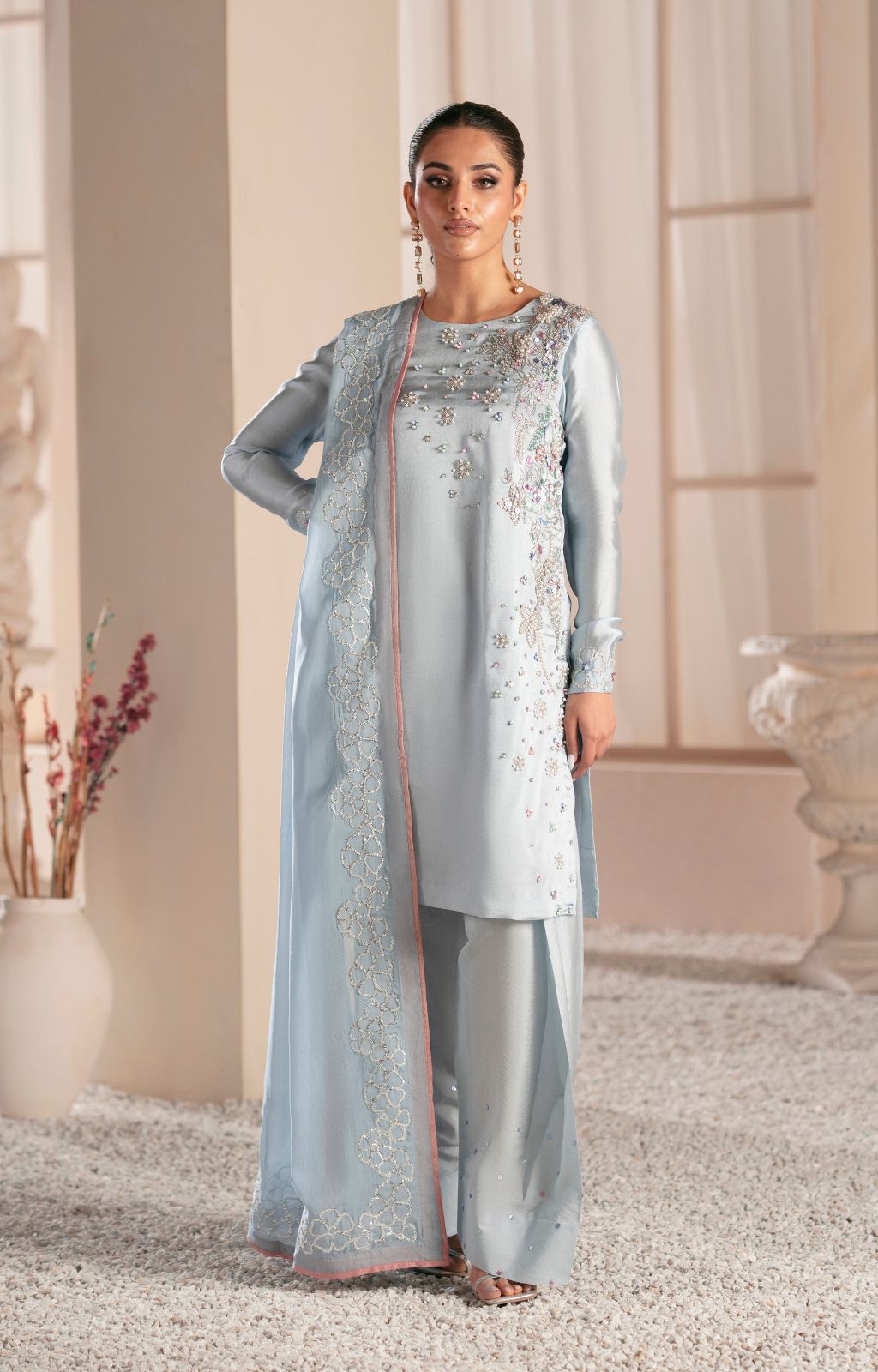 Silver Grey Hand-Embellished Sheesha Silk Shalwar Suit (3-Piece) - Image 1