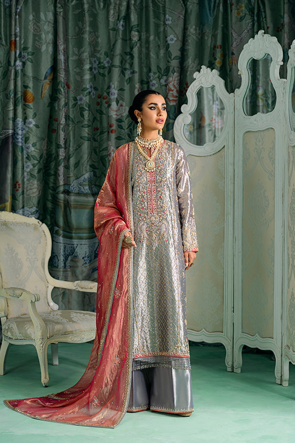 Silver Ganga Jamni Embellished Silk-Blend Kurta (3-Piece) - Image 3