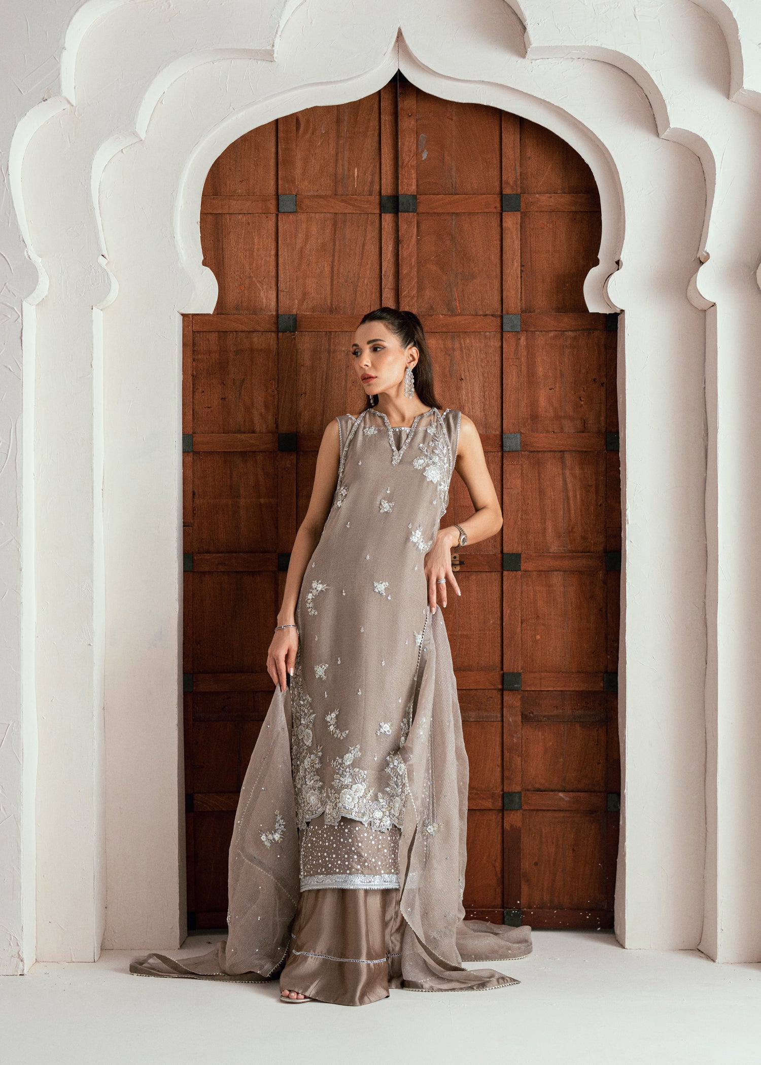 Silver Grey Embroidered Pure Silk Meysuri Salwar Kameez (3-Piece) - Image 1