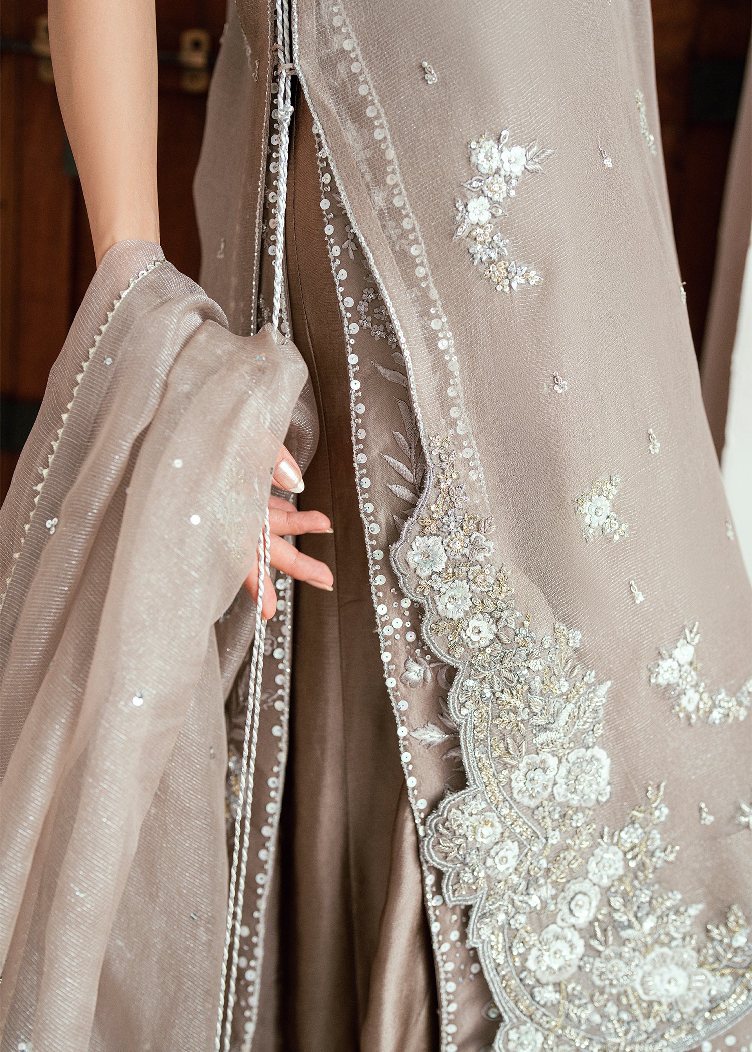 Silver Grey Embroidered Pure Silk Meysuri Salwar Kameez (3-Piece) - Image 10