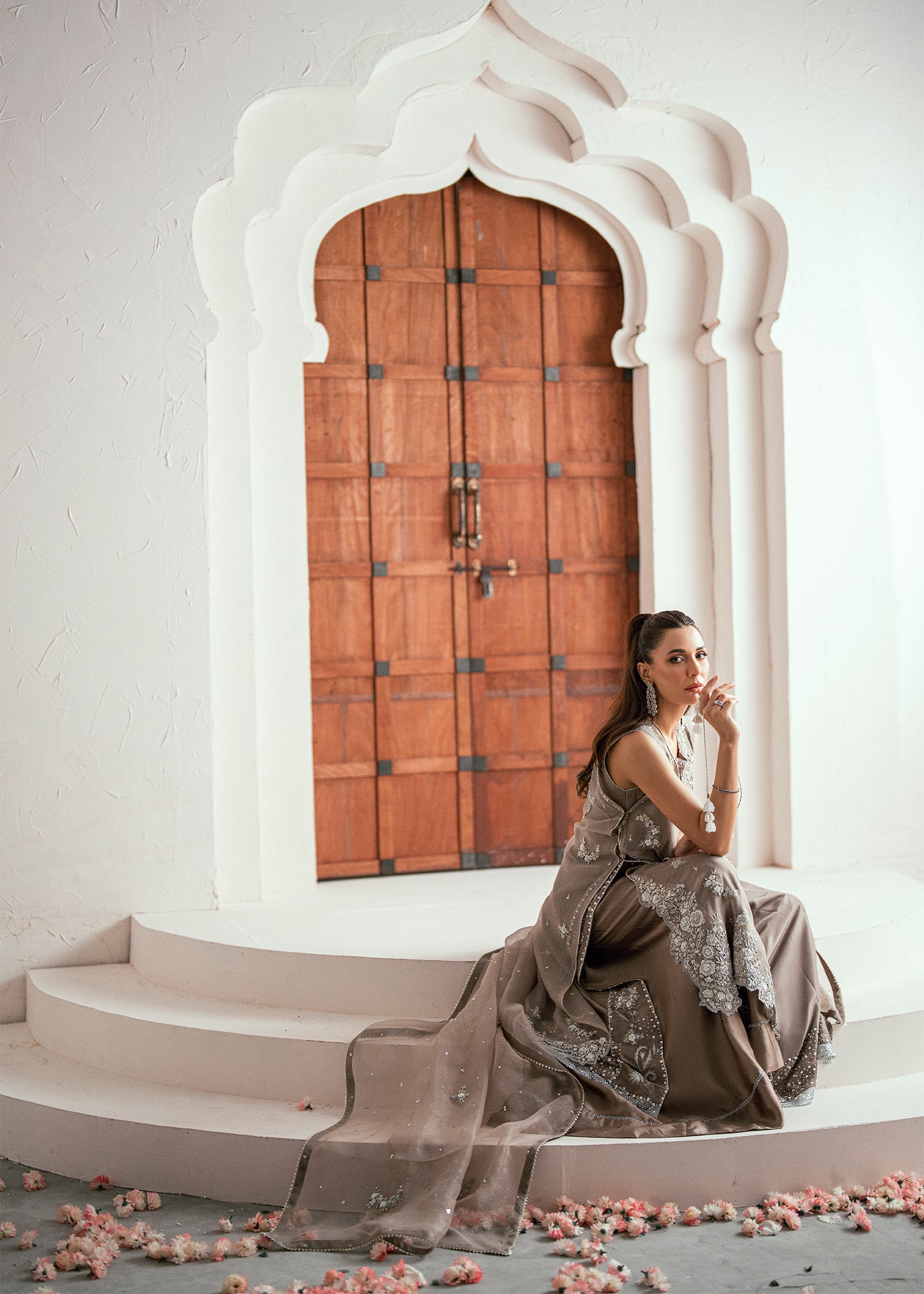 Silver Grey Embroidered Pure Silk Meysuri Salwar Kameez (3-Piece) - Image 2