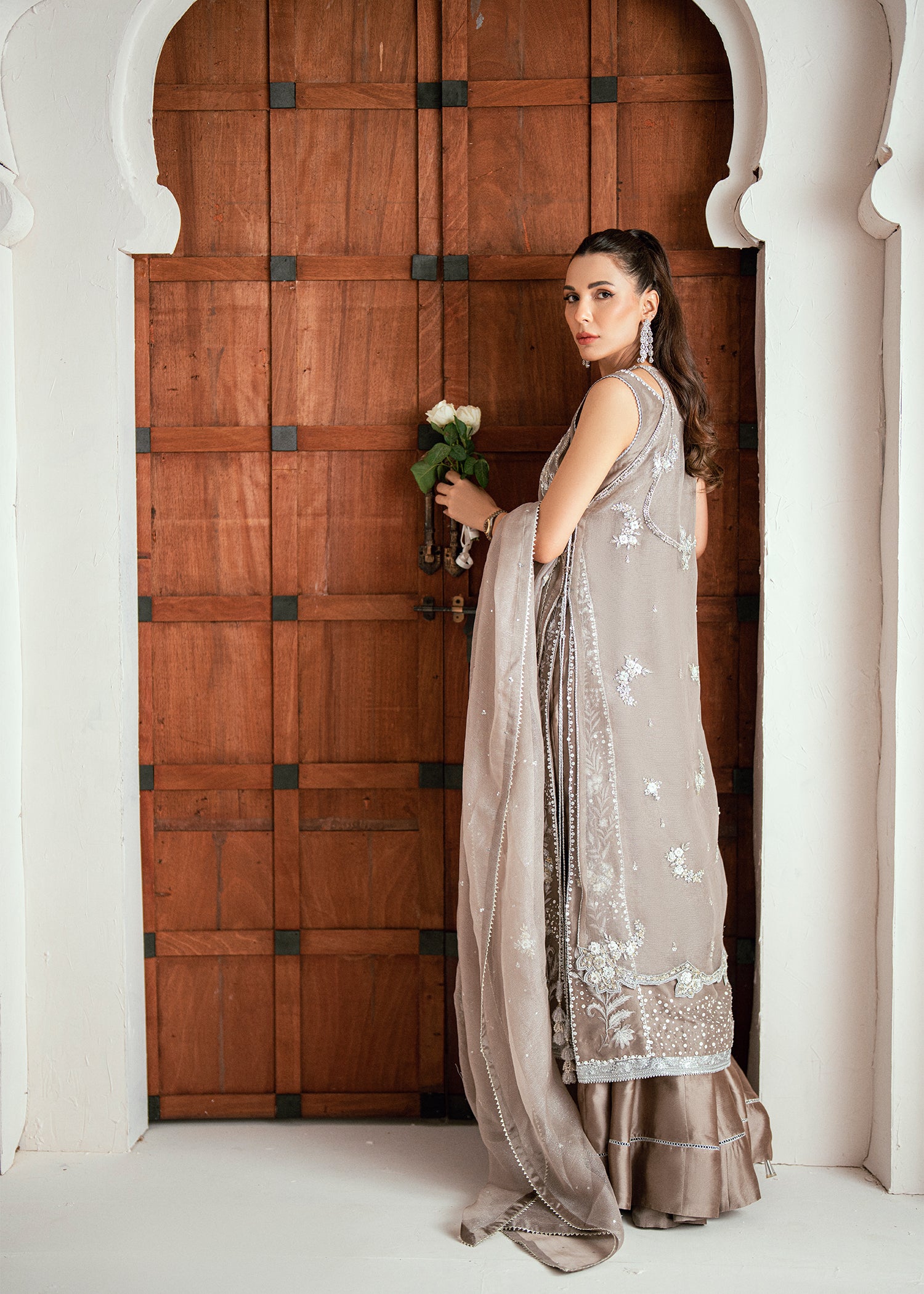Silver Grey Embroidered Pure Silk Meysuri Salwar Kameez (3-Piece) - Image 5