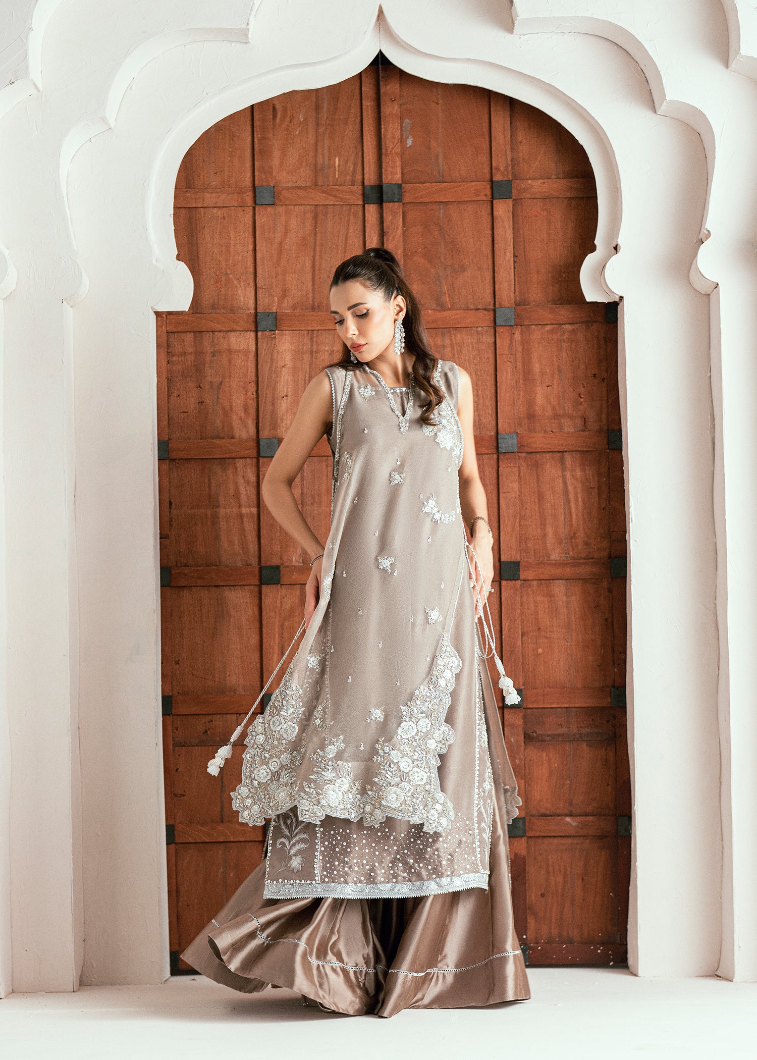 Silver Grey Embroidered Pure Silk Meysuri Salwar Kameez (3-Piece) - Image 7