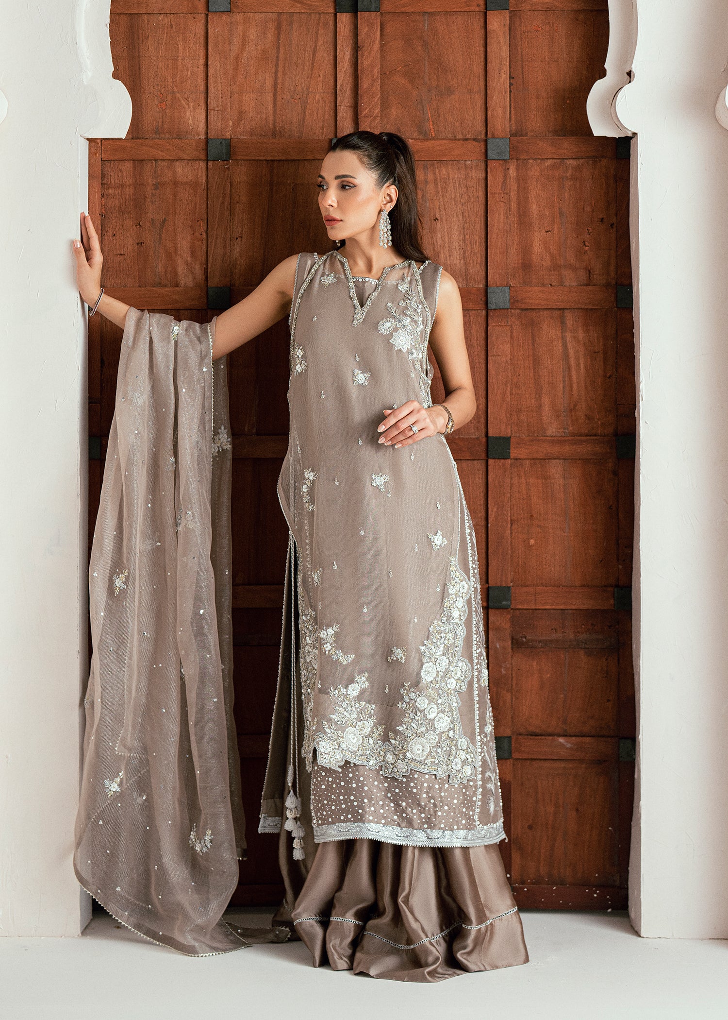 Silver Grey Embroidered Pure Silk Meysuri Salwar Kameez (3-Piece) - Image 9