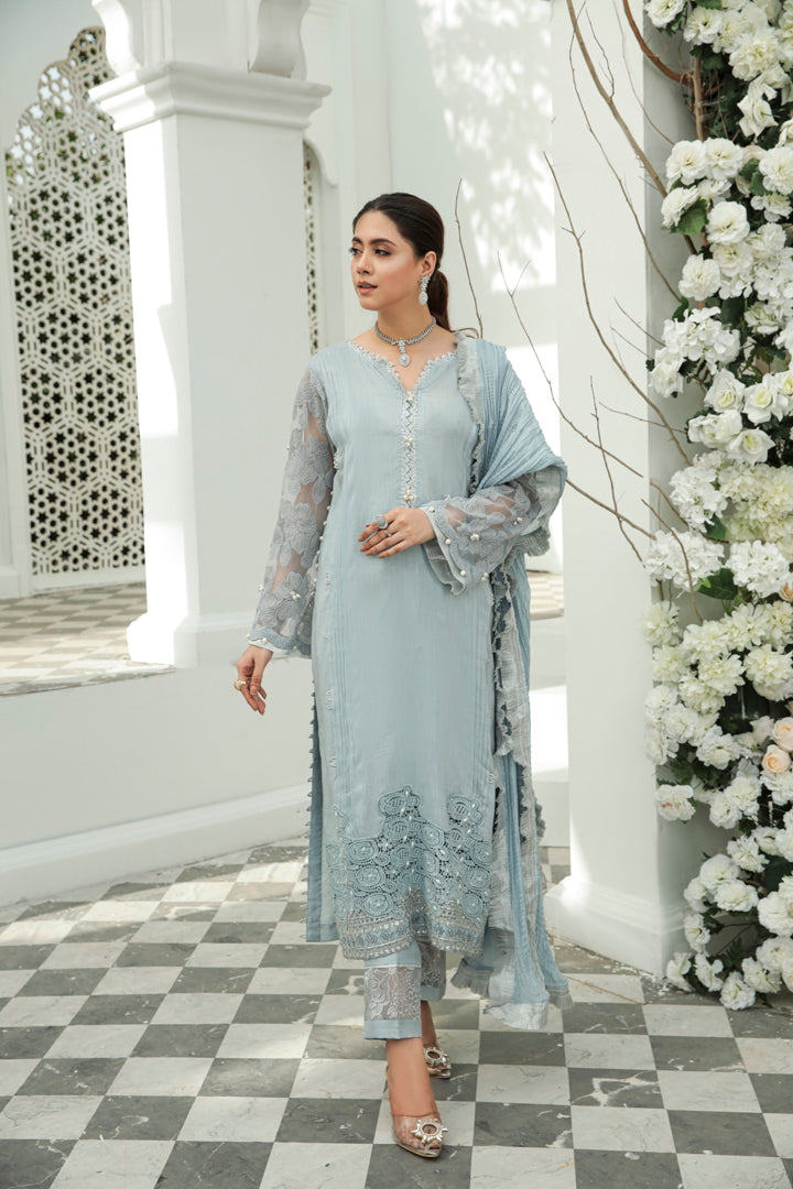 Silver Grey Embroidered Silk Salwar Kameez (3-Piece) - Image 1