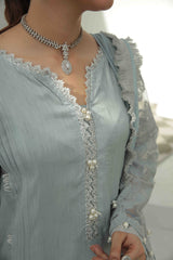 Silver Grey Embroidered Silk Salwar Kameez (3-Piece) - Image 3