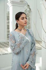 Silver Grey Embroidered Silk Salwar Kameez (3-Piece) - Image 5