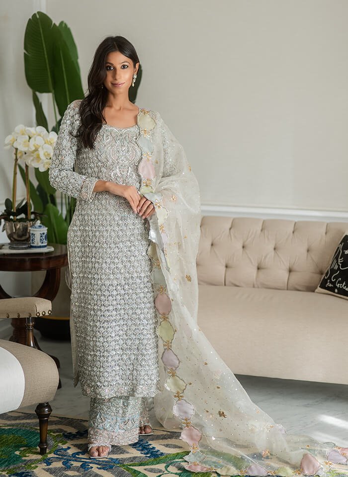 Silver Embroidered Silk-Blend Kameez Set (3-Piece) - Image 1