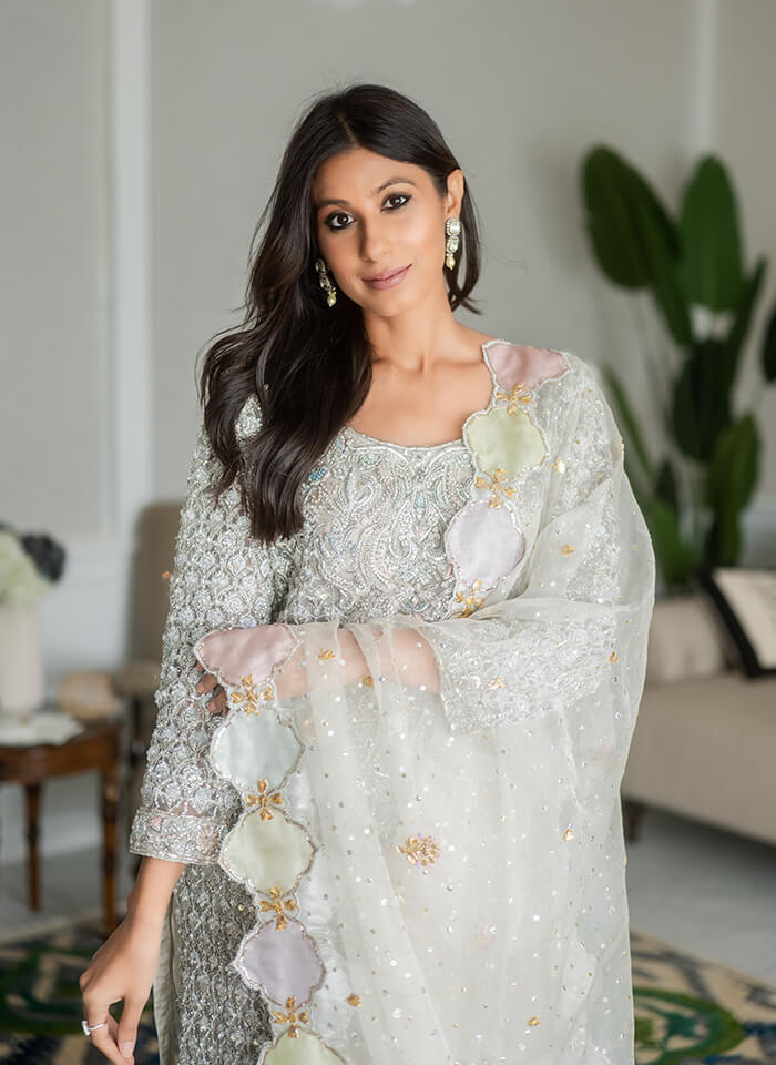 Silver Embroidered Silk-Blend Kameez Set (3-Piece) - Image 2