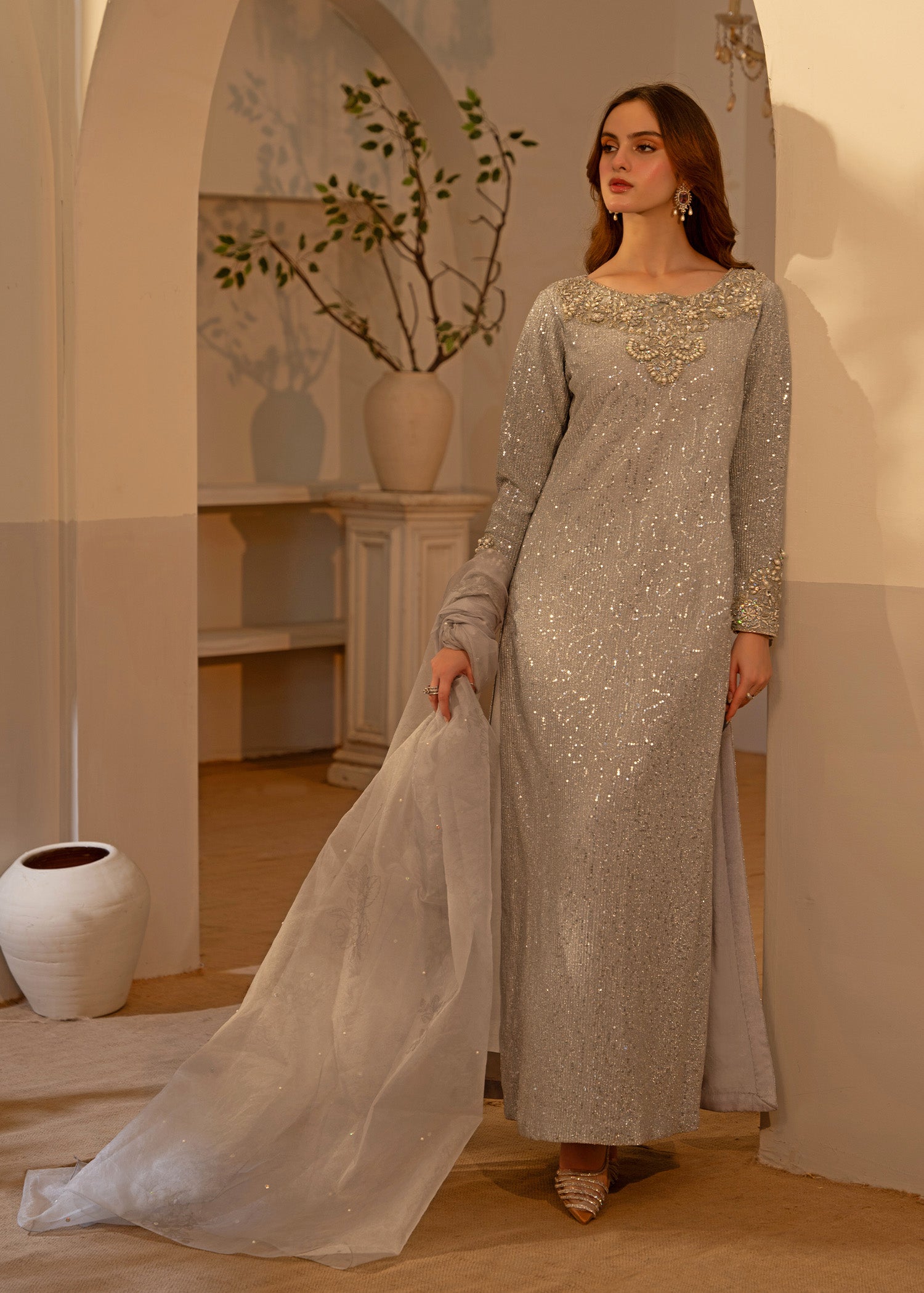 Silver Embellished Moonlight A-Line Kameez (3-Piece) - Image 1