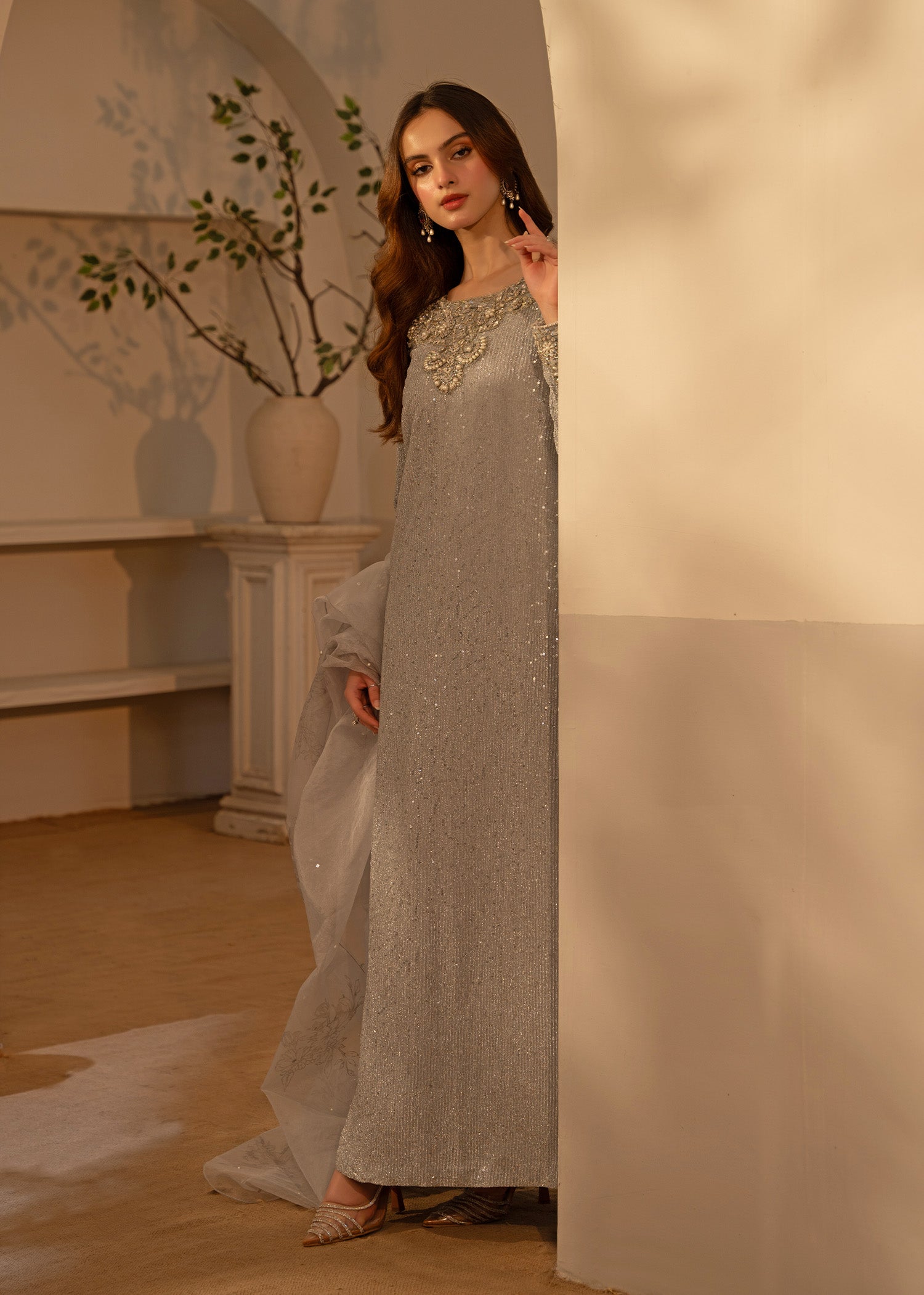 Silver Embellished Moonlight A-Line Kameez (3-Piece) - Image 10