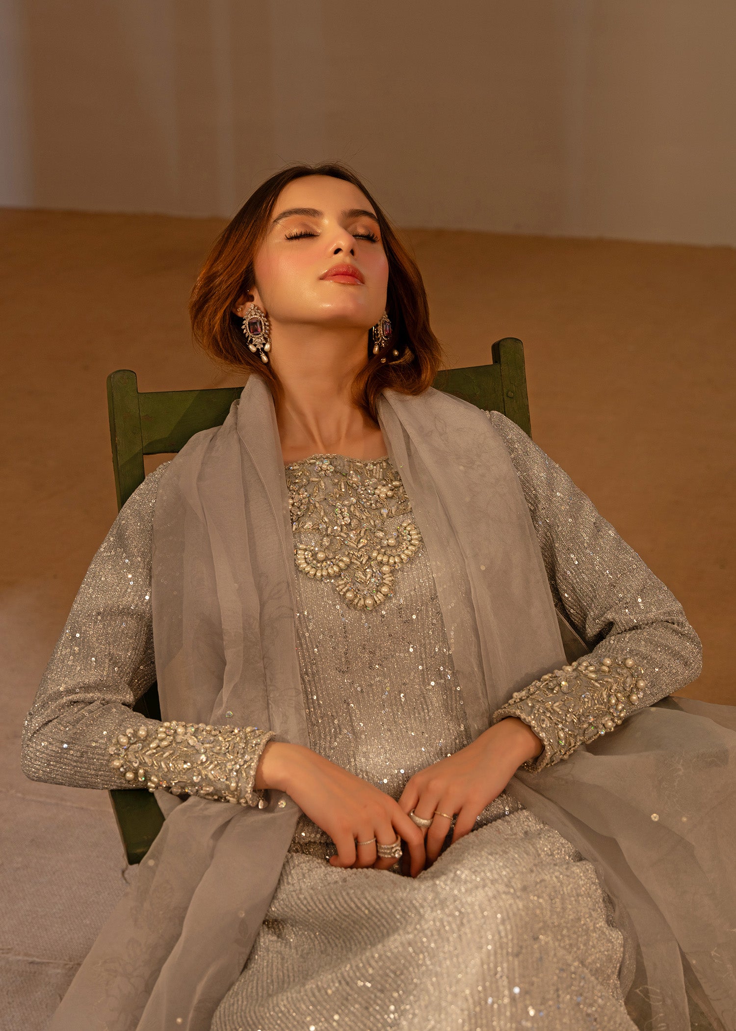 Silver Embellished Moonlight A-Line Kameez (3-Piece) - Image 2