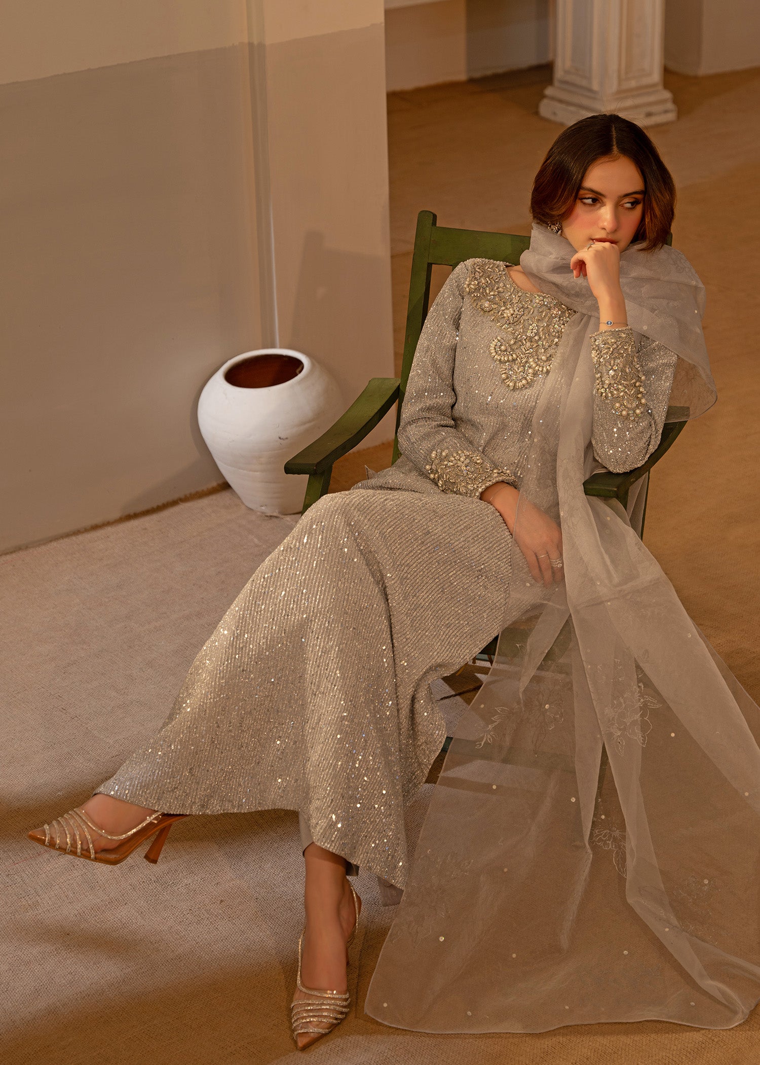 Silver Embellished Moonlight A-Line Kameez (3-Piece) - Image 3