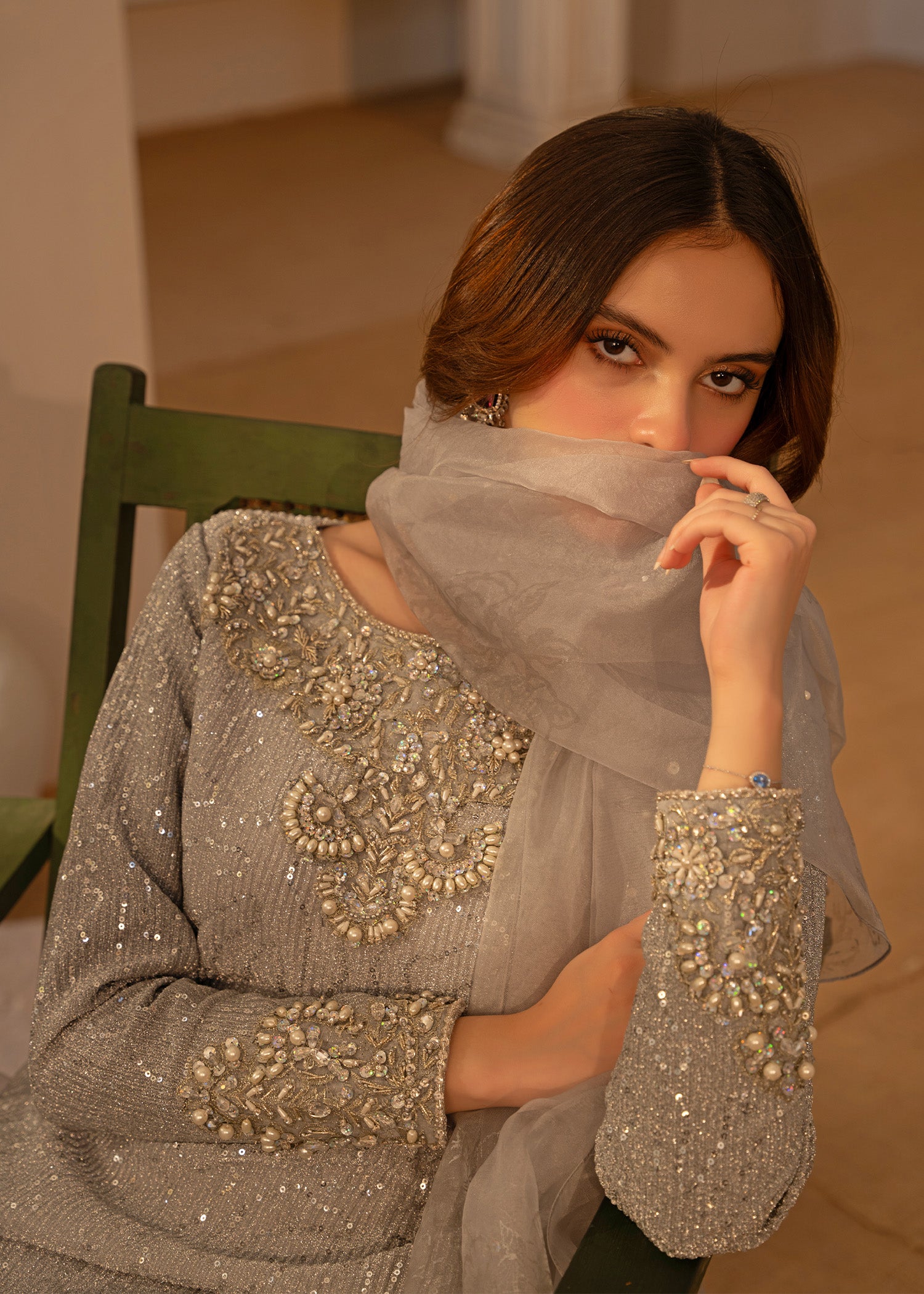 Silver Embellished Moonlight A-Line Kameez (3-Piece) - Image 4