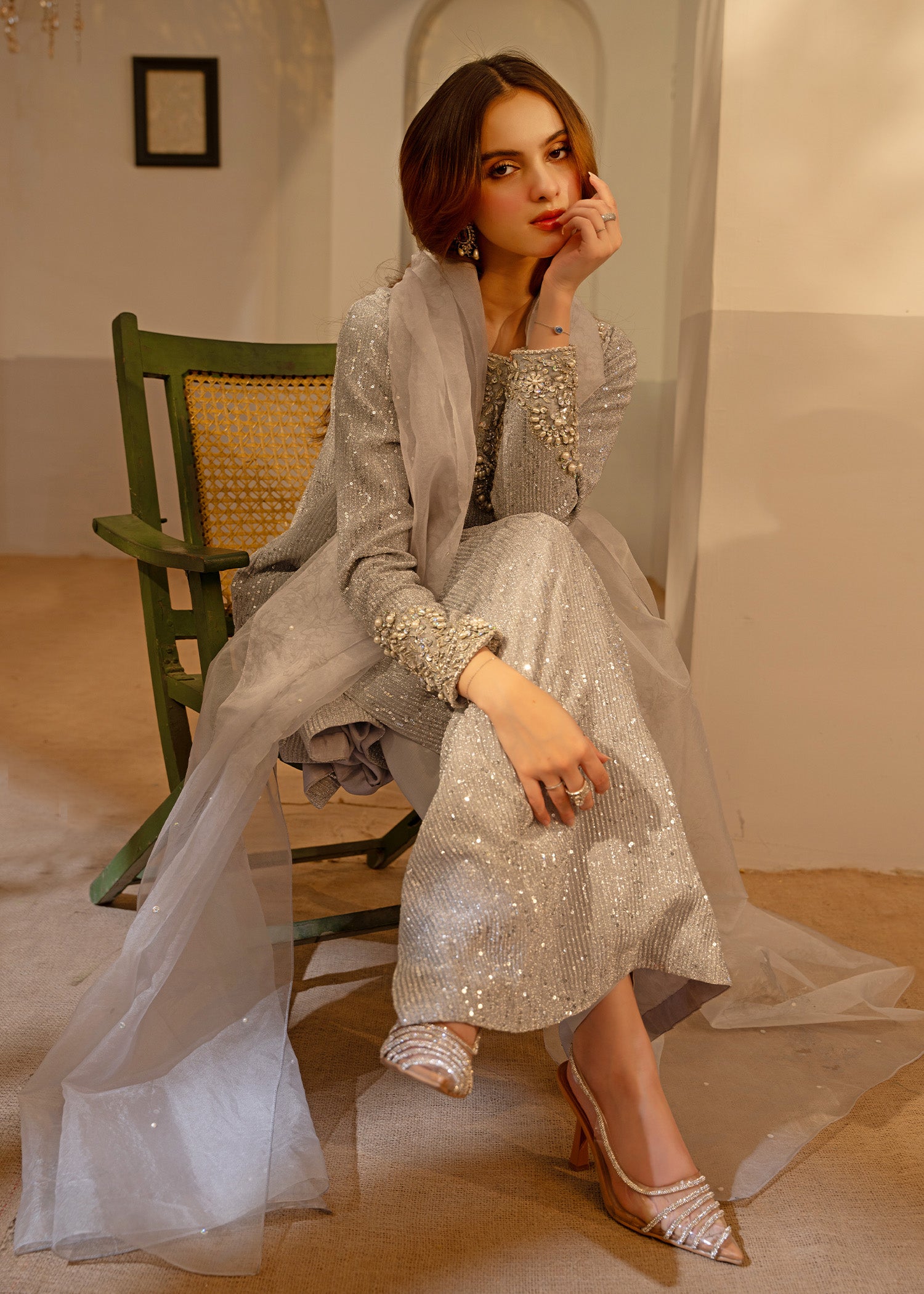 Silver Embellished Moonlight A-Line Kameez (3-Piece) - Image 5