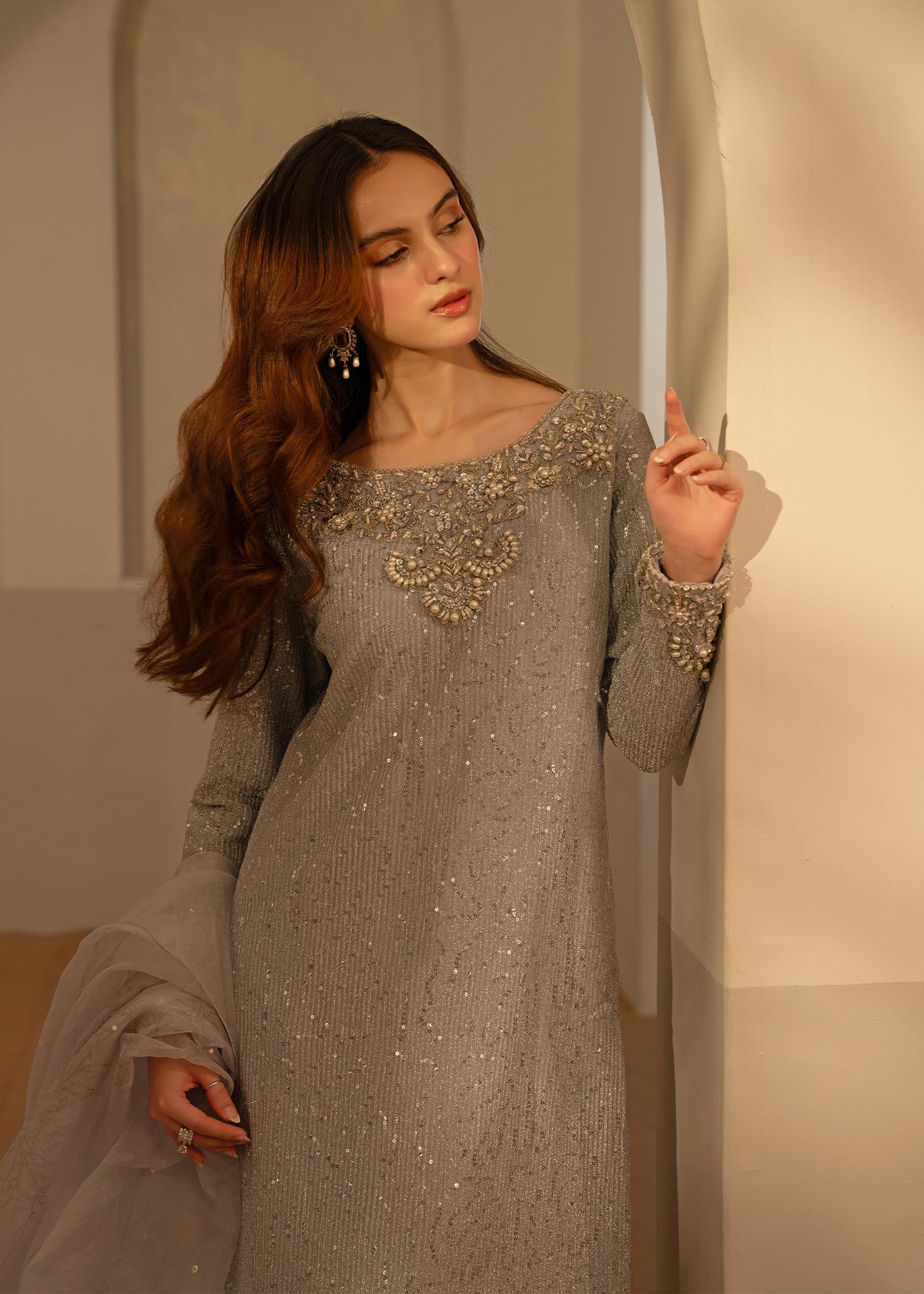 Silver Embellished Moonlight A-Line Kameez (3-Piece) - Image 6