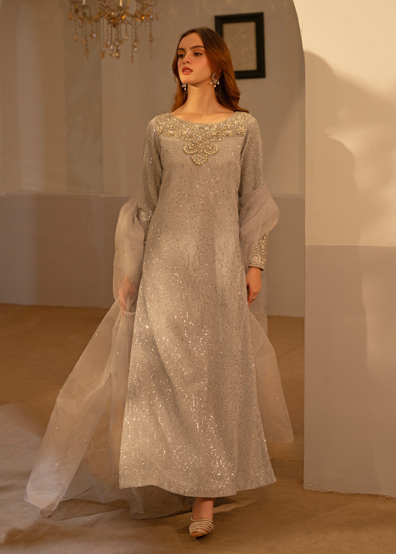 Silver Embellished Moonlight A-Line Kameez (3-Piece) - Image 7