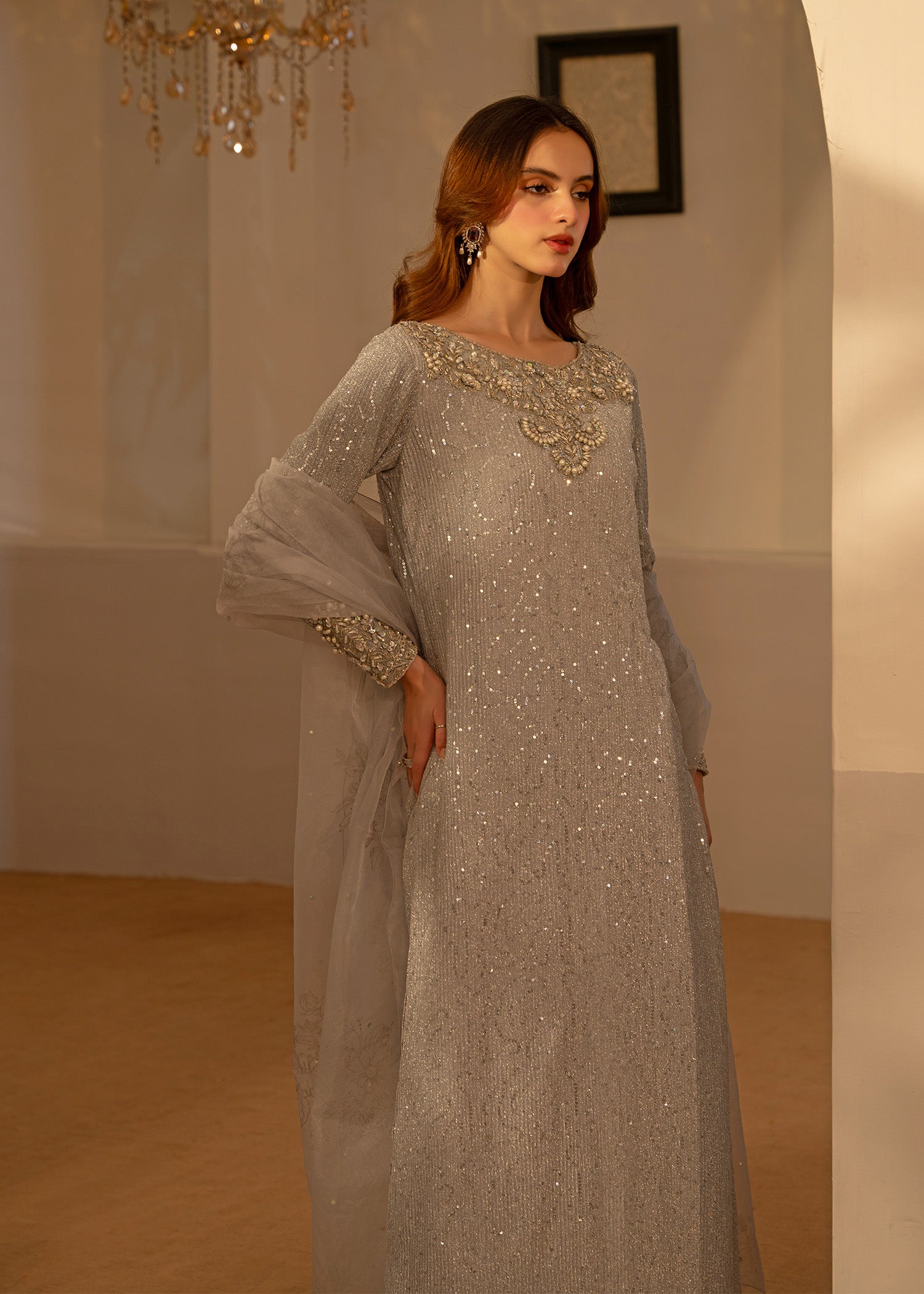 Silver Embellished Moonlight A-Line Kameez (3-Piece) - Image 8