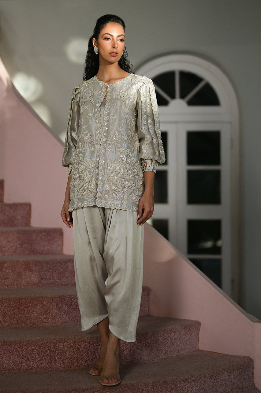 Pakistani Silver 3D Floral Tissue Jacket & Charmeuse Shalwar (2-Piece) - Image 1