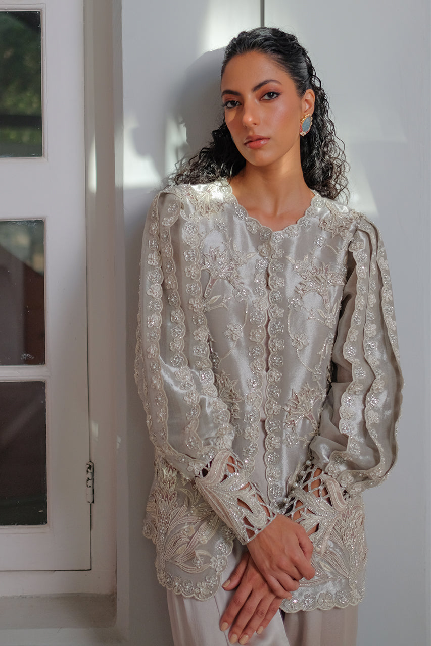 Pakistani Silver 3D Floral Tissue Jacket & Charmeuse Shalwar (2-Piece) - Image 10