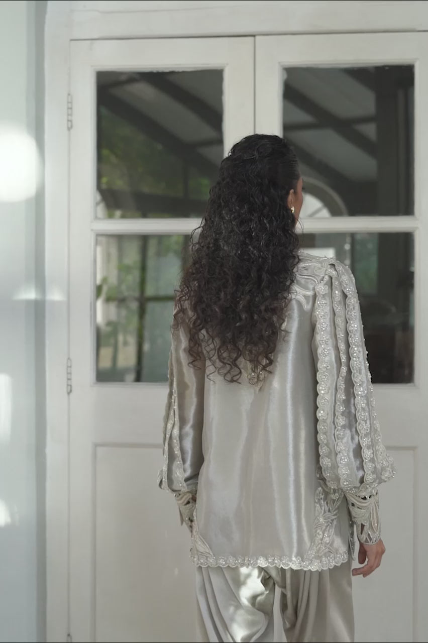 Pakistani Silver 3D Floral Tissue Jacket & Charmeuse Shalwar (2-Piece) - Image 12