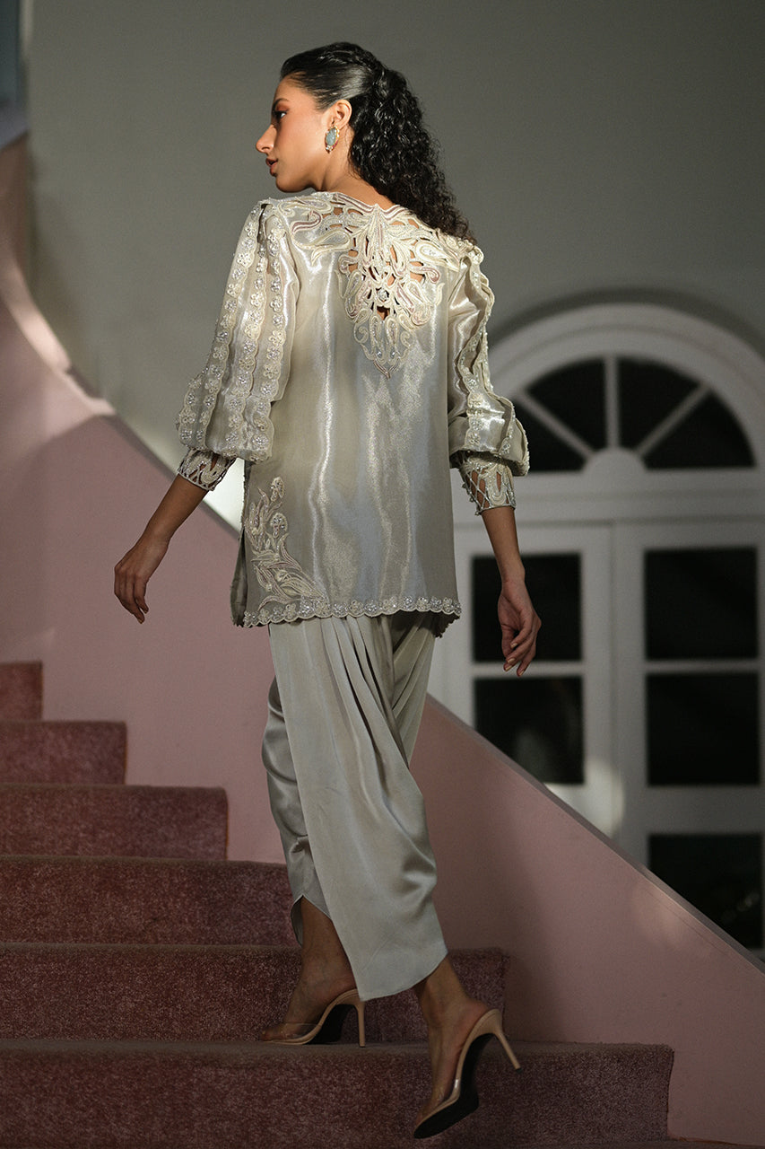 Pakistani Silver 3D Floral Tissue Jacket & Charmeuse Shalwar (2-Piece) - Image 2