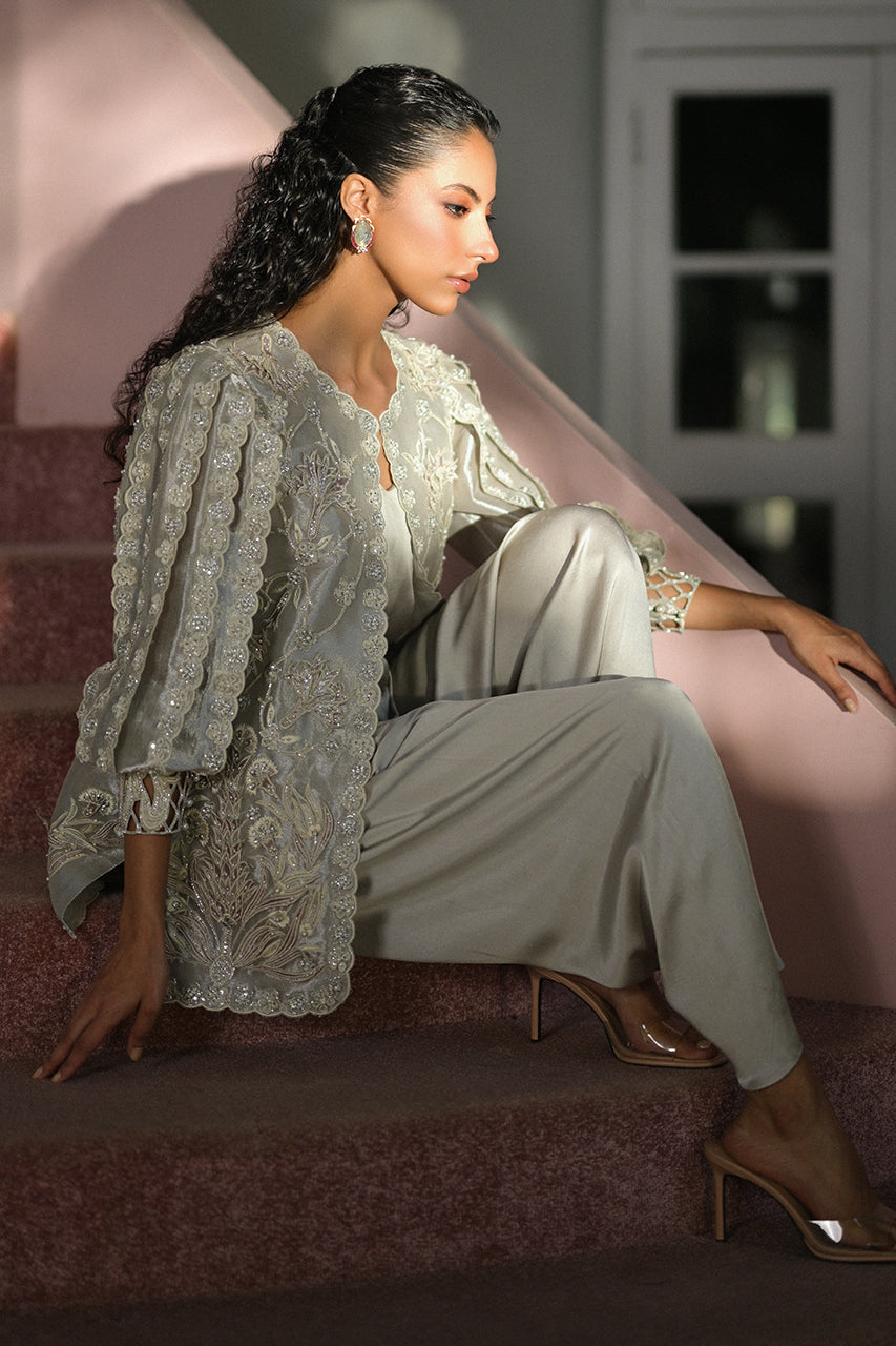 Pakistani Silver 3D Floral Tissue Jacket & Charmeuse Shalwar (2-Piece) - Image 6