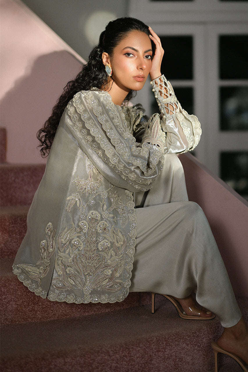 Pakistani Silver 3D Floral Tissue Jacket & Charmeuse Shalwar (2-Piece) - Image 8