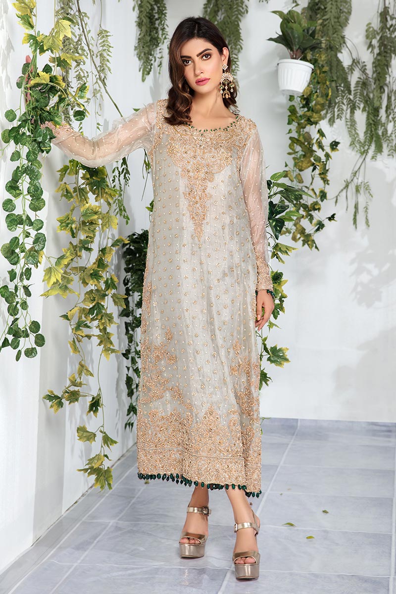 Pakistani Silver Embroidered Tissue Salwar Kameez (3-Piece) - Image 1
